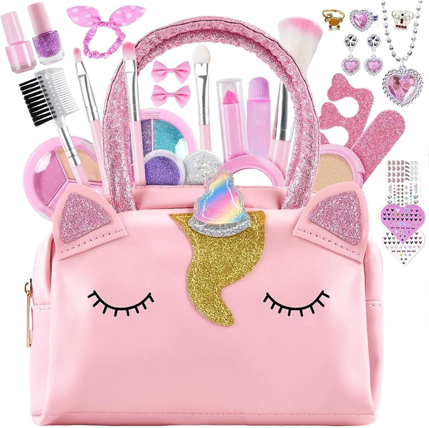 Kids Makeup Kit for Girl, Washable Makeup Sets Toys with Unicorn Purse, Toddler Pretend Play Set Vanity Birthday Gift for Ages 3 4 5 6 7 8 9 10 12 Years Old