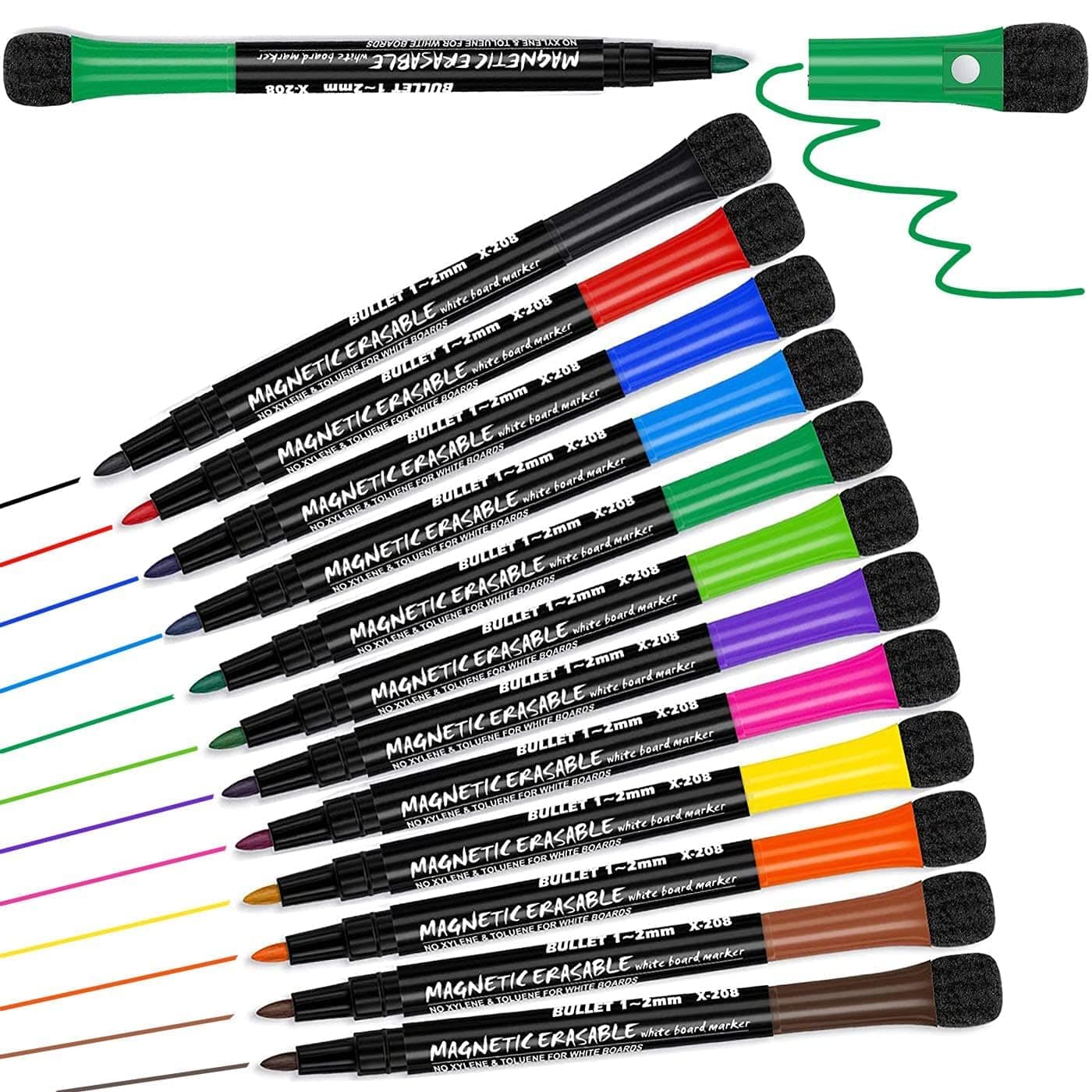 12PCS Whiteboard Markers Dry Erase Pens Magnetic Erasable Markers Fine Point Thin Dry Wipe Whiteboard Pens with Erasers Perfect Teacher Supplies for Classroom Office School White Board Use
