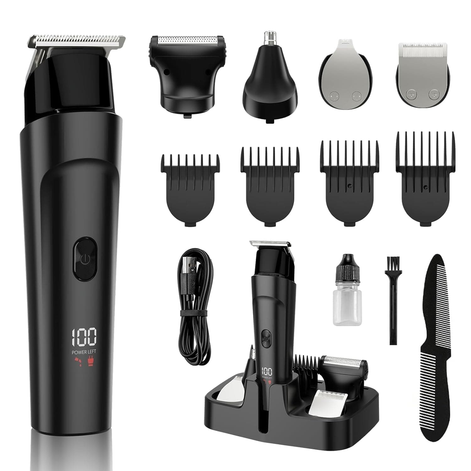 Trimmer Shaver Set for Men - 5 in 1 Kit Electric Razor, Nose Hair Trimmer with LED Display, Cordless Mustache Body Face Grooming Kit, Waterproof Rechargeable Beard Shaver
