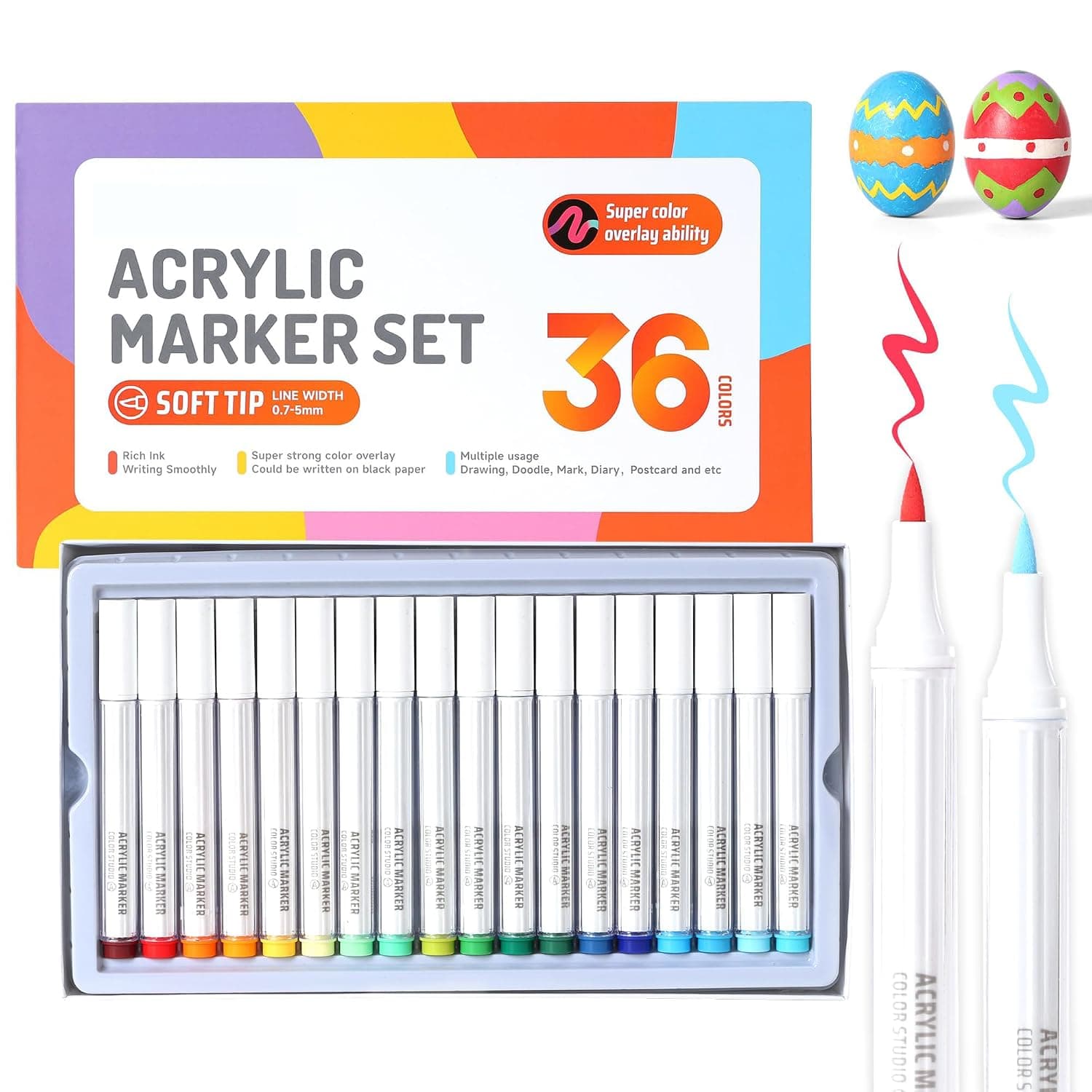 Acrylic Paint Markers Set, 36 Colors Soft Brush Tip Acrylic Pens for Rock Egg Wood Glass Canvas DIY Crafts Art Supplies Coloring Drawing"