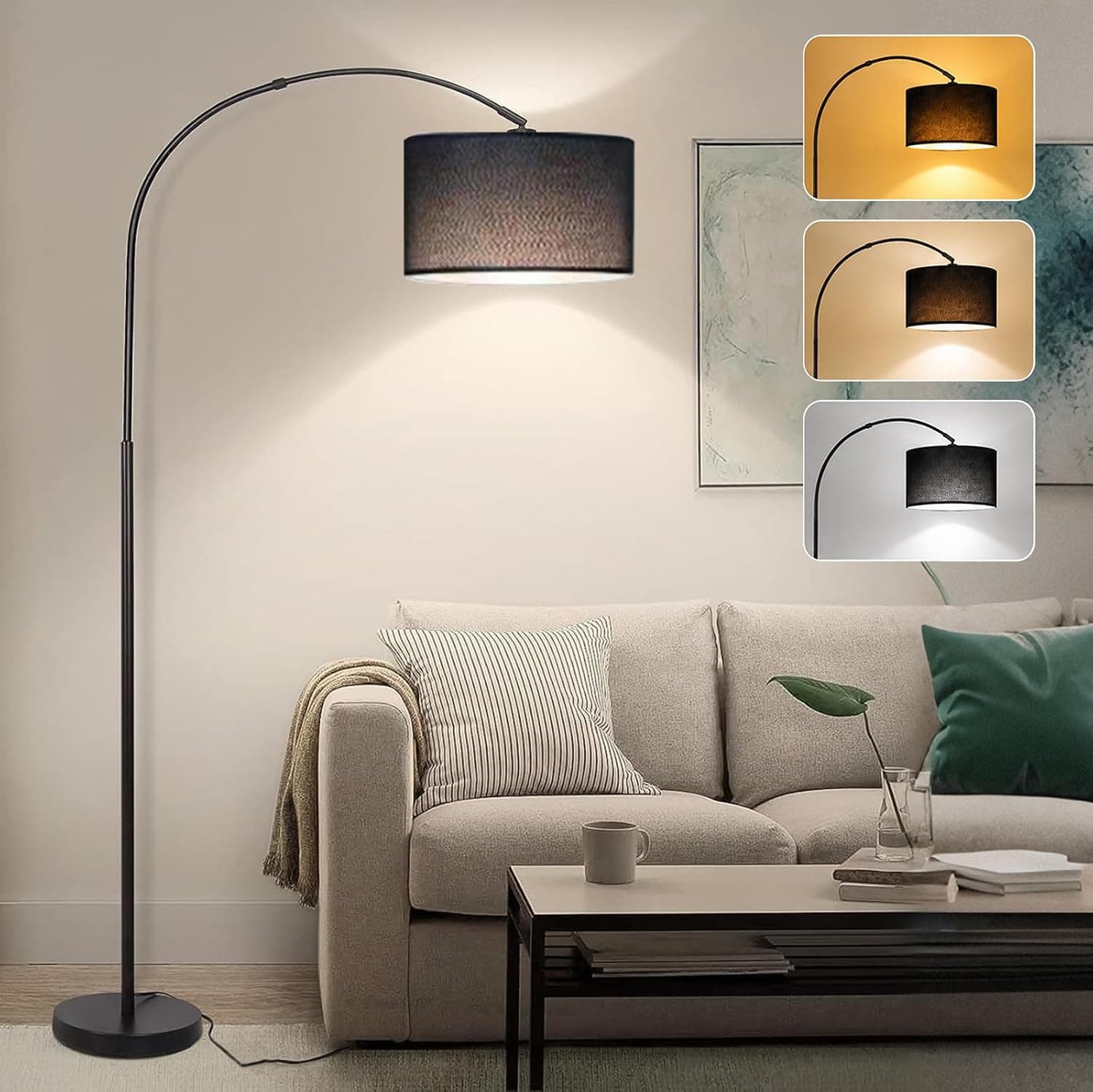 Wemart Floor Lamps for Living Room, Modern Floor Lamp with Adjustable Hanging Drum Shade, 185CM Height Tall Arc Floor Lamp, 12W Bulb Included, for Bedroom Office Dorm Room