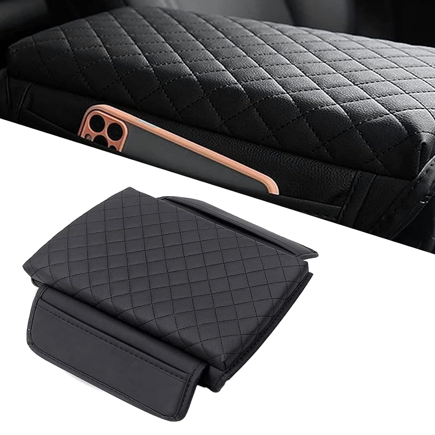 QODOLSI 1 PC Central Armrest Protective Cover, Armrest Box Sleeve, Modification Interior Accessories, PU Leather Armrest Box, Scratch, Compatible with Tesla Model3 ModelY (Black #Pocket Model)