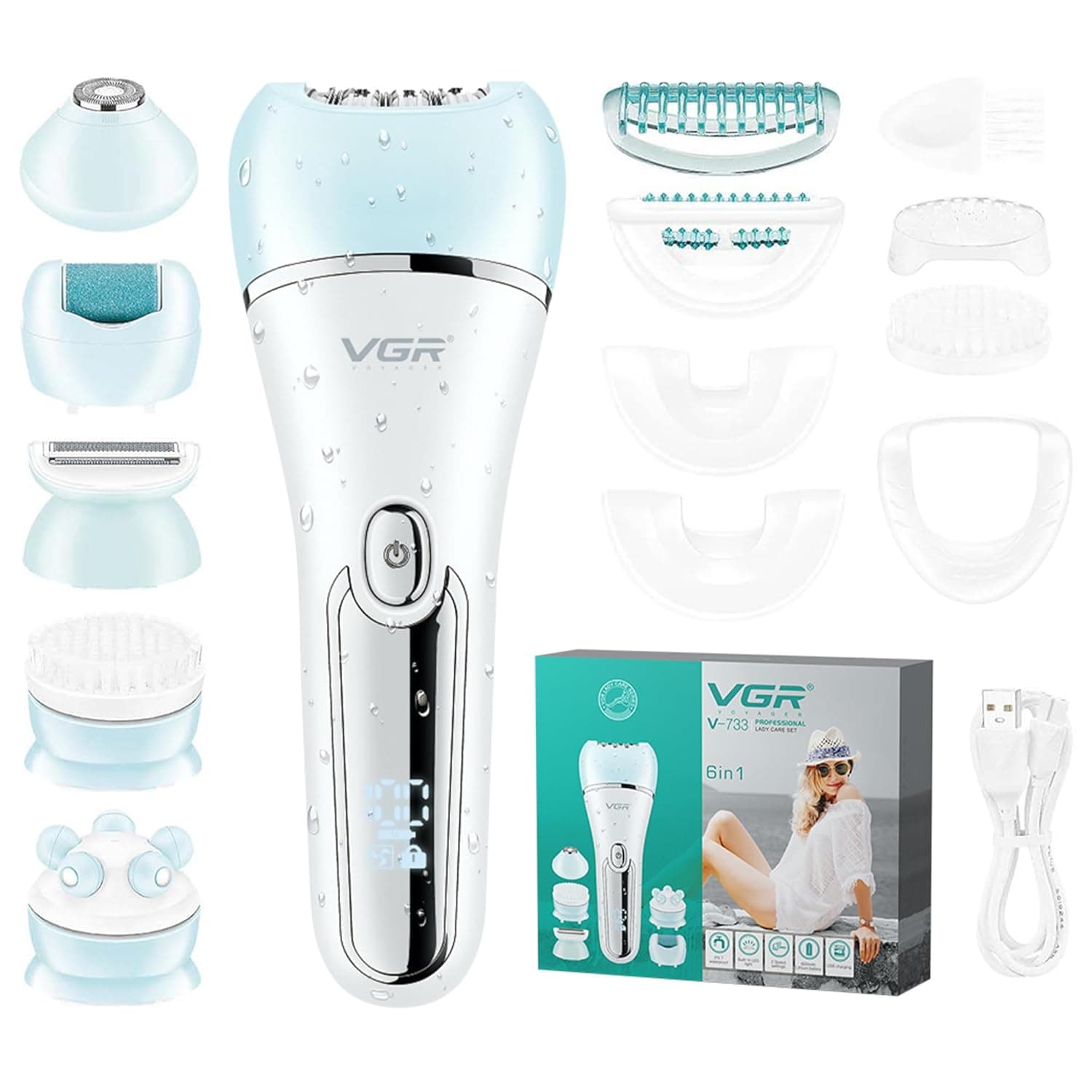 VGR 733 Epilator Hair Removal for Women, 6-in-1 Cordless & Rechargeable Lady Electric Shaver, IPX7 Waterproof Hair Removal Device Wet and Dry Bikini Trimmer for Face Leg Armpit, Blue