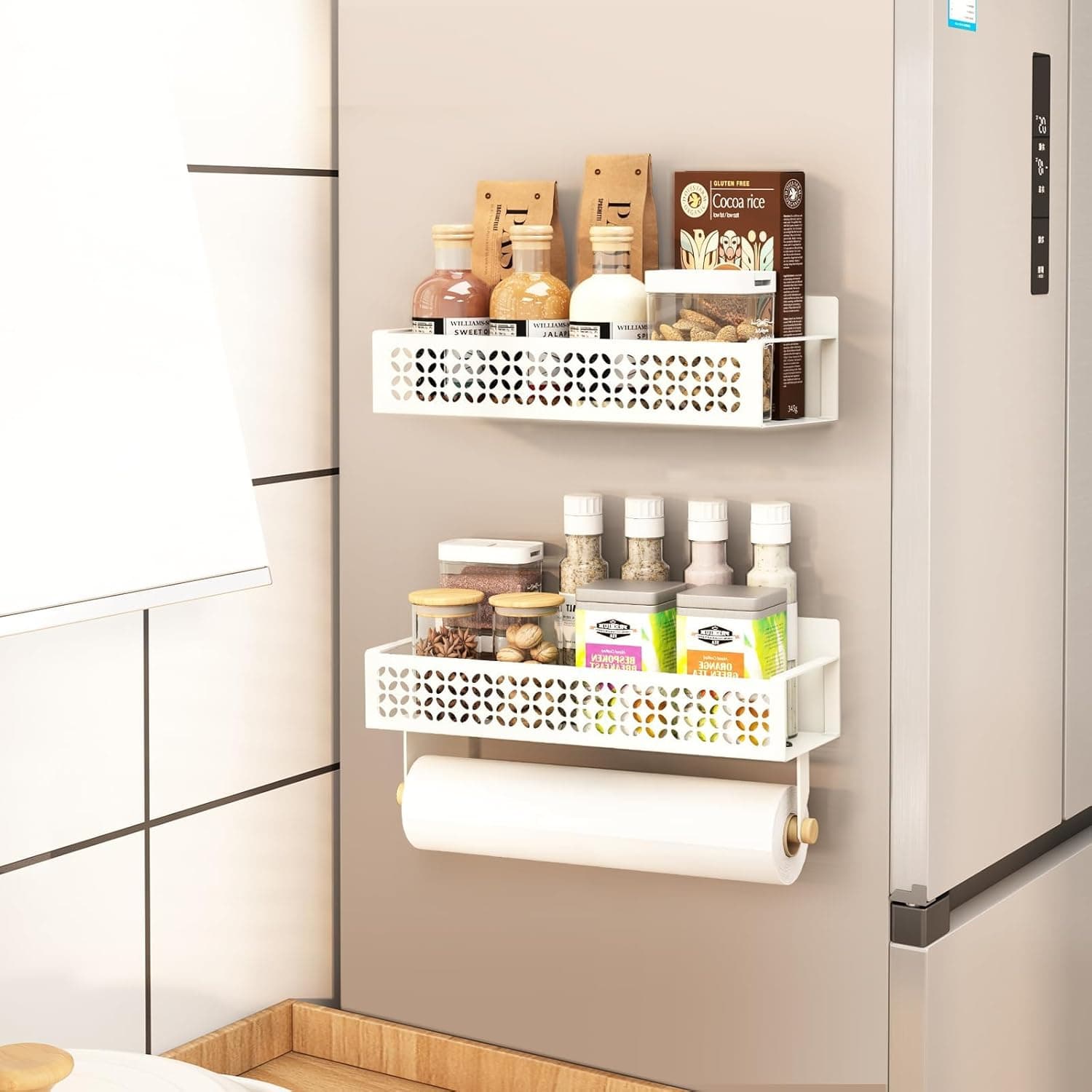 رف توابل مغناطيسي للثلاجة من نالاكال مع حامل مناشف ورقية مطورة قوي متحرك ومنظم للتخزين في المطبخ ابيض ستانلس ستيل