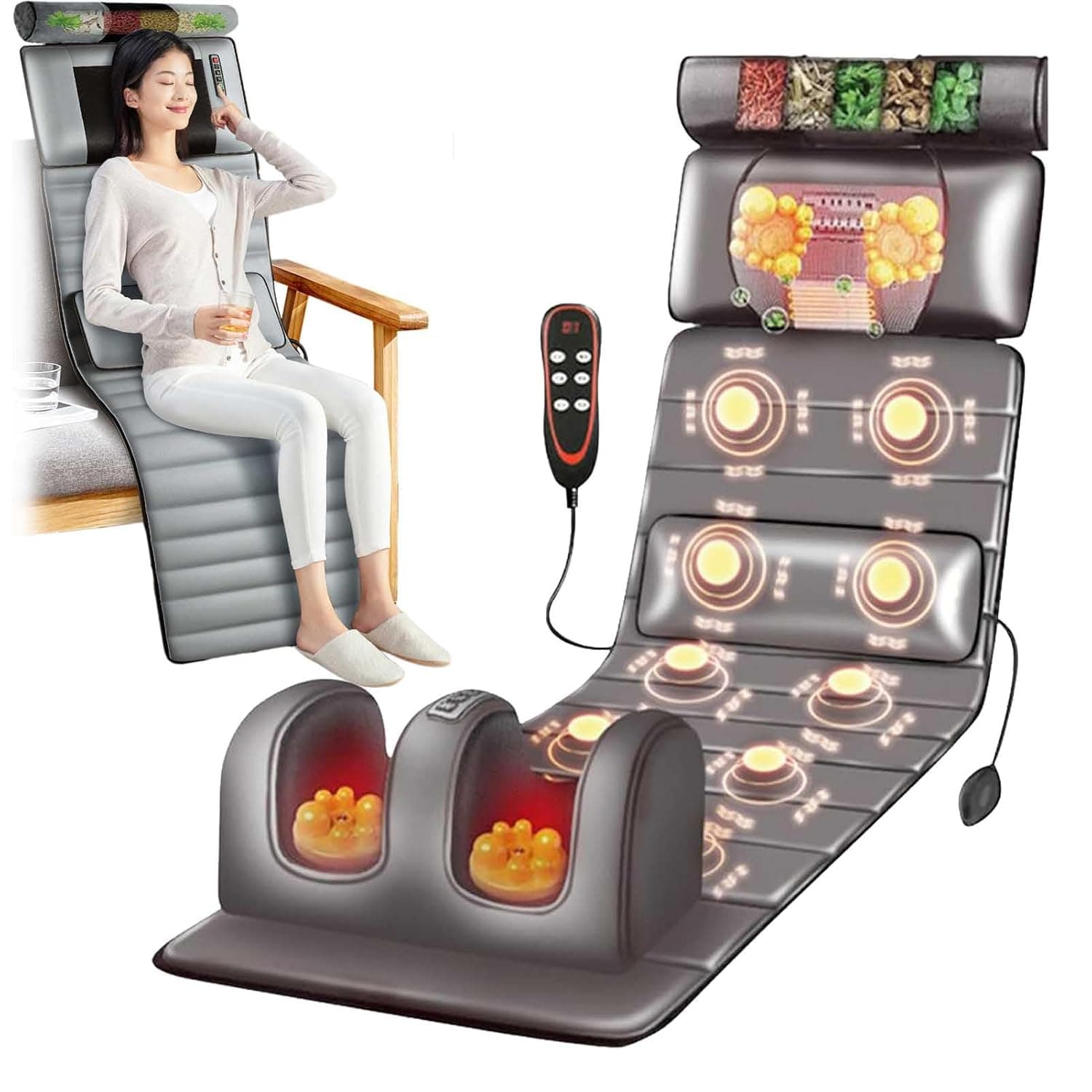Full Body Massage Mat with Heat 20 Heads Vibrating Massage Mattress Pad Multifunctional Electric Massage Mats for Back Lumbar Leg Pain Relief Muscle Relaxation Foldable Storage(Grey B,White)