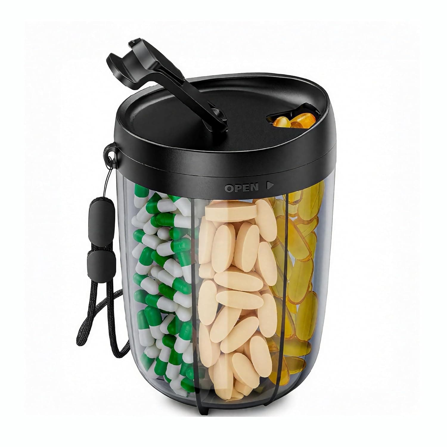 Weekly Pill Organizer Bottle Large Capacity Supplement Dispenser -5.12" L x 3.94" W,Black