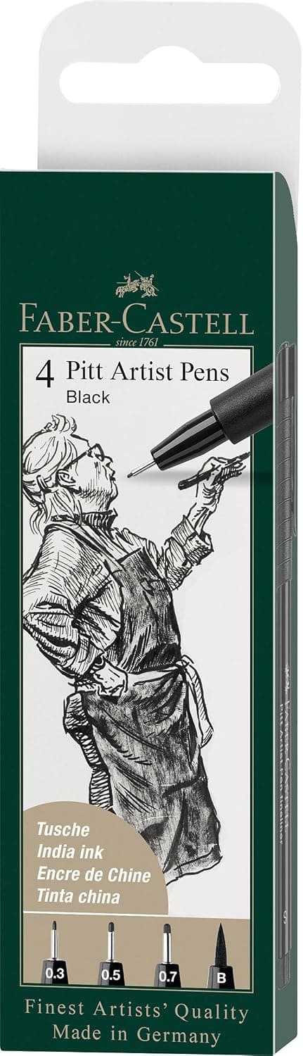 Faber-Castell Pitt Artist Color Pen Set - Pack of 4, S, F, M, B | Waterproof and fade-resistant drawing ink with S, F, M and brush tip for sketching and illustration