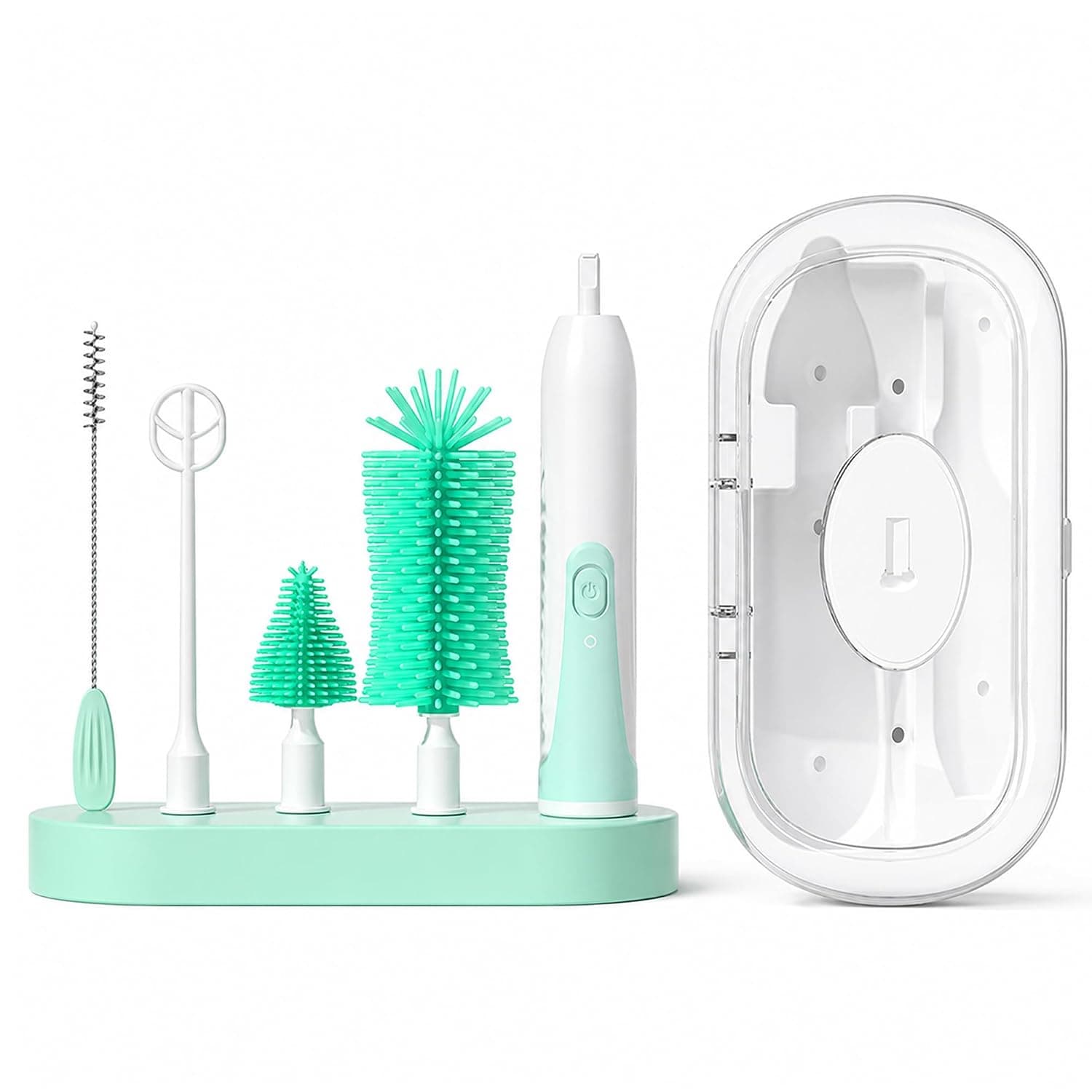 Dustproof Travel Box Electric Baby Bottle Brush Set, 6 in 1 Rechargeable Silicone Deep Cleaner with Nipple Straw Brush Milk Stirrer and Drying Rack Green