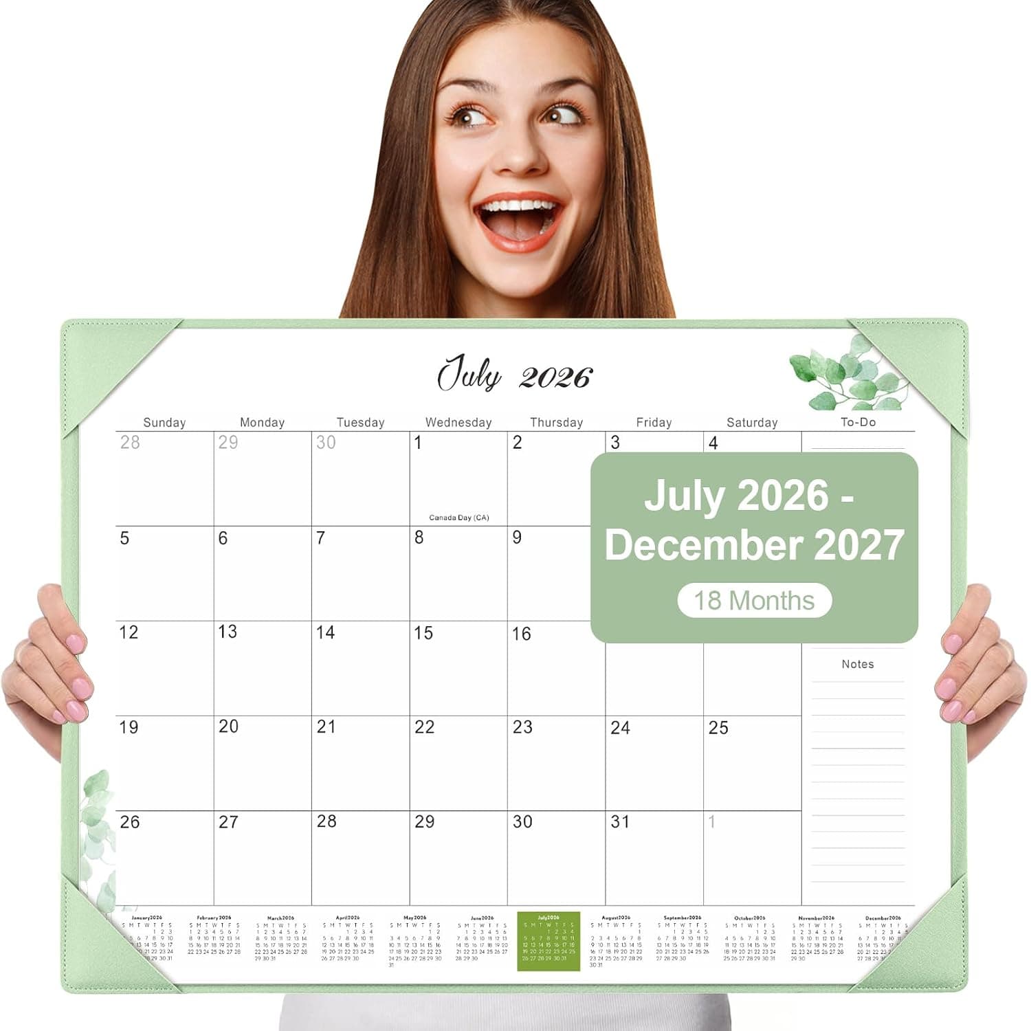 Gannyfer Large Desk Calendar 2025-2026 with Desktop Mat,22" x 17" Desktop Pad Calendar, 18 Month Table Calendar from July 2025 to Dec 2026, Office Supplies Perfect for Home School and Office - Green