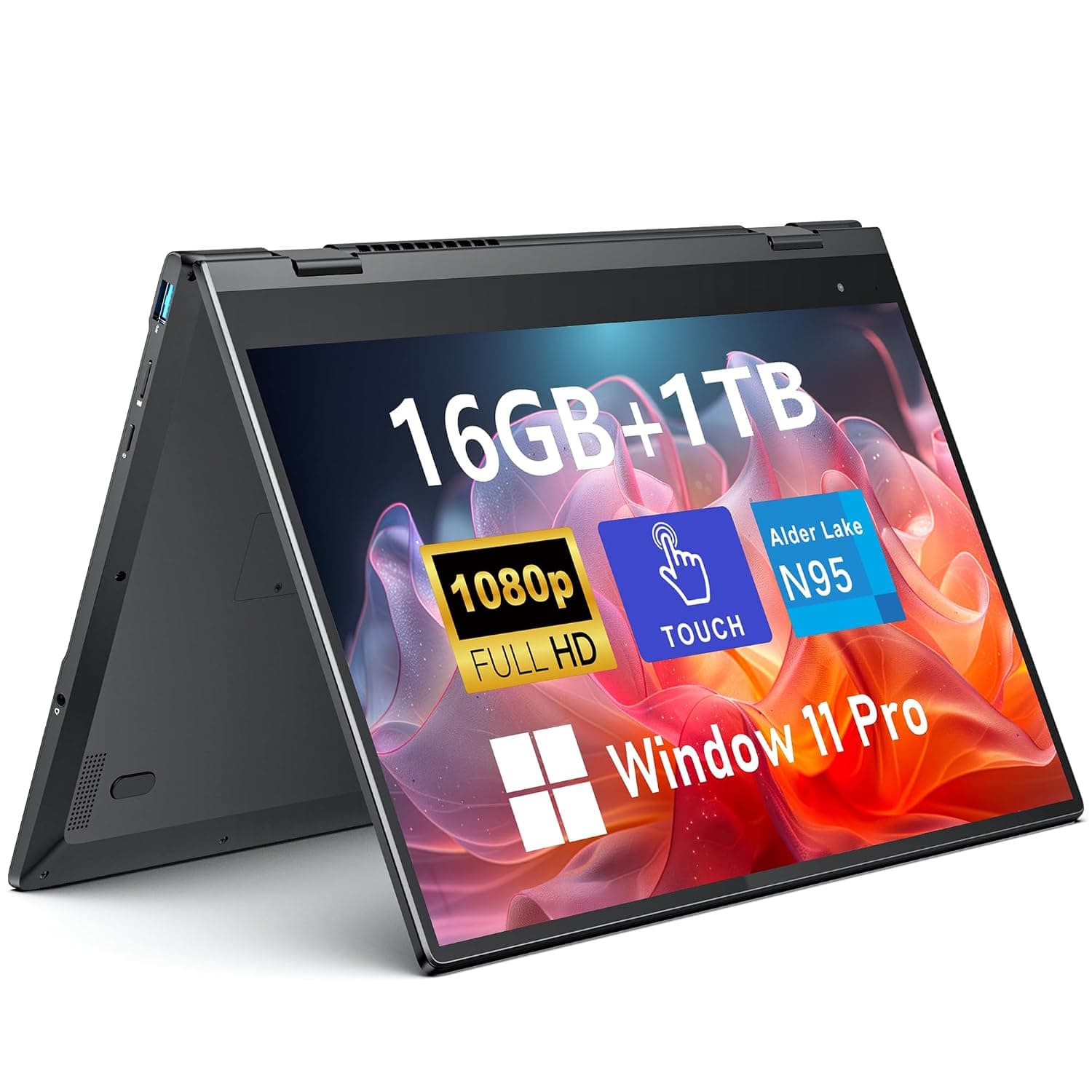 FUNYET Touchscreen Laptop Computer, 14 Inch 2 in 1 Gaming Laptop, Intel N100, 16GB RAM 1TB SSD, 1920 x 1080, Fingerprint Unlock, Backlit Keyboard, Wi-Fi 6, BT5.2, Windows 11 Pro