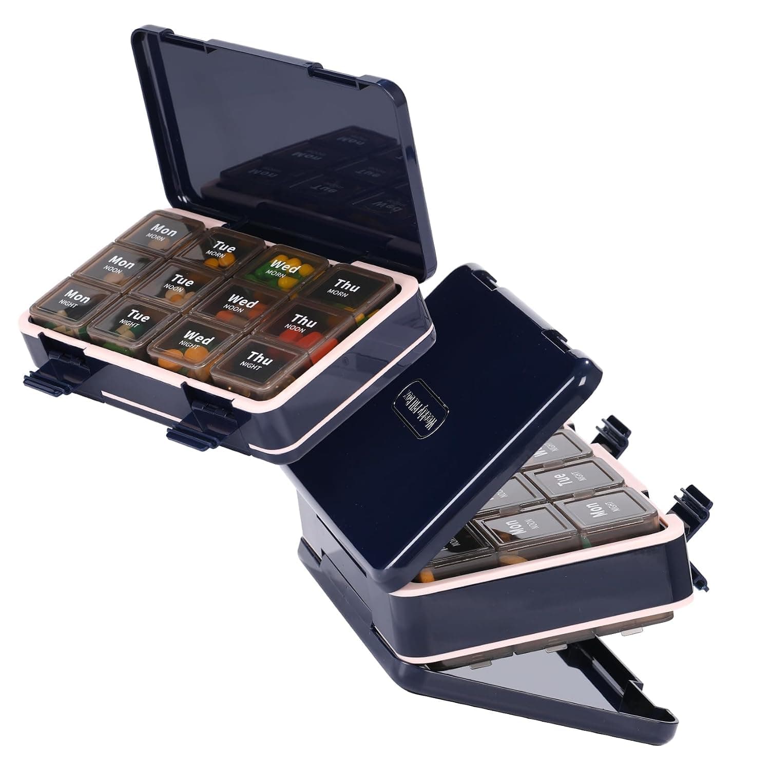 Pill Organizer 3 Times a Day, Weekly Pill Box Medicine Organizer Box, Travel Double Side 7 Day Pill Case with Backup One Day Hold, for Fish Oils, Vitamin Holder Supplement
