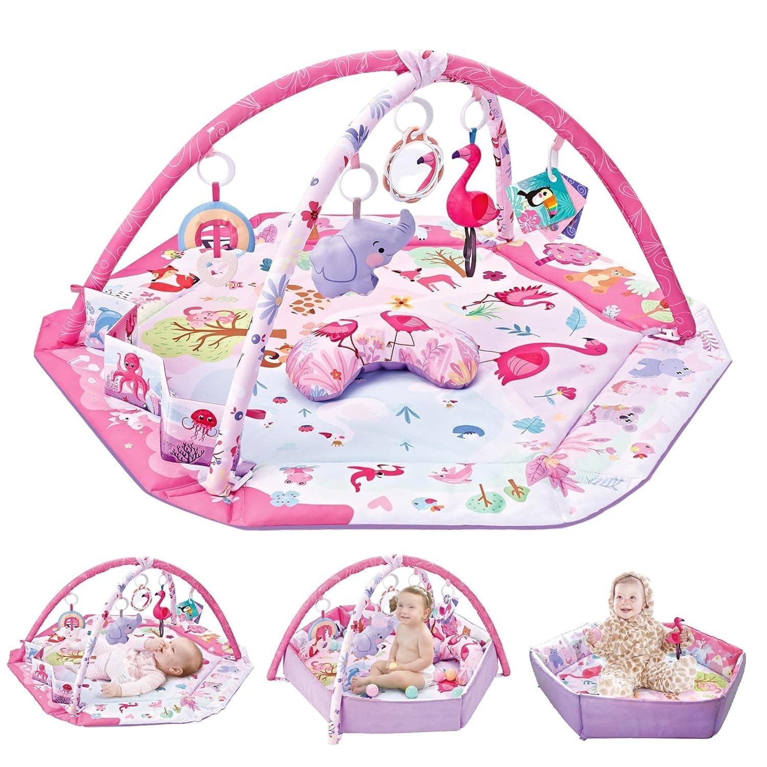 Baby Gym Play Mat,Infant Play Mat Activity Mat with Ball Pit & Detachable Toys for Stage-Based Sensory Exploration & Motor Skill Development,Easy to Install & Clean,Baby Essentials Gift (Pink)