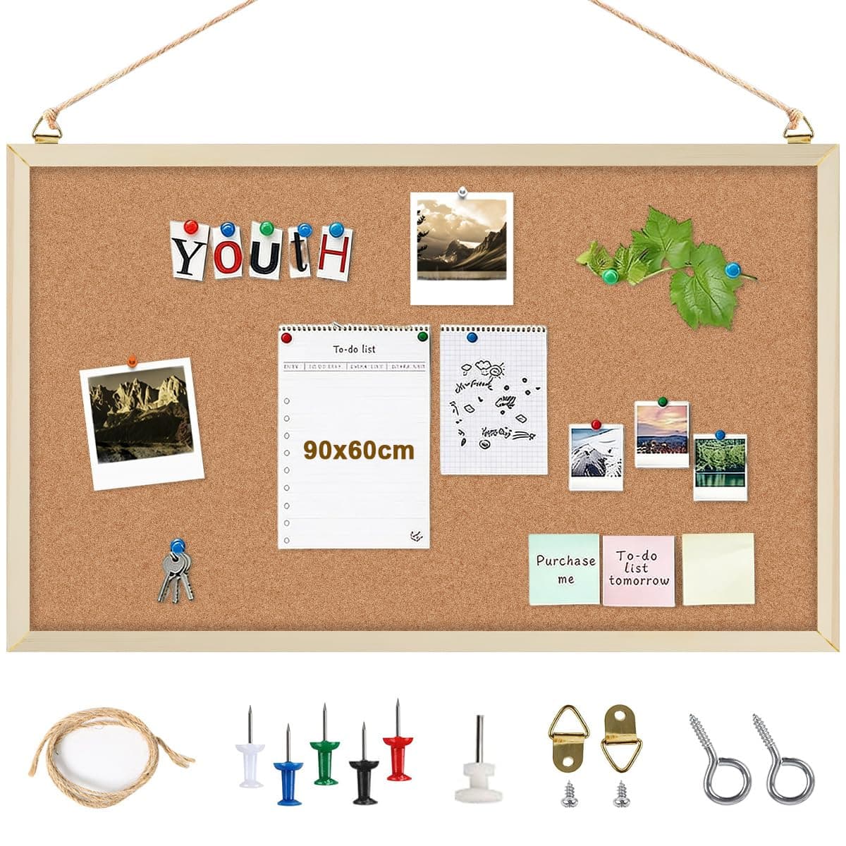 Cork Bulletin Board 90x60cm, Wall-Mounted Memo Photo Presentation Message Notice Vision Pin Board with Pinewood Frame Pushpin Rope Hardware, Double Sided Rectangular Board for Home School Office Decor