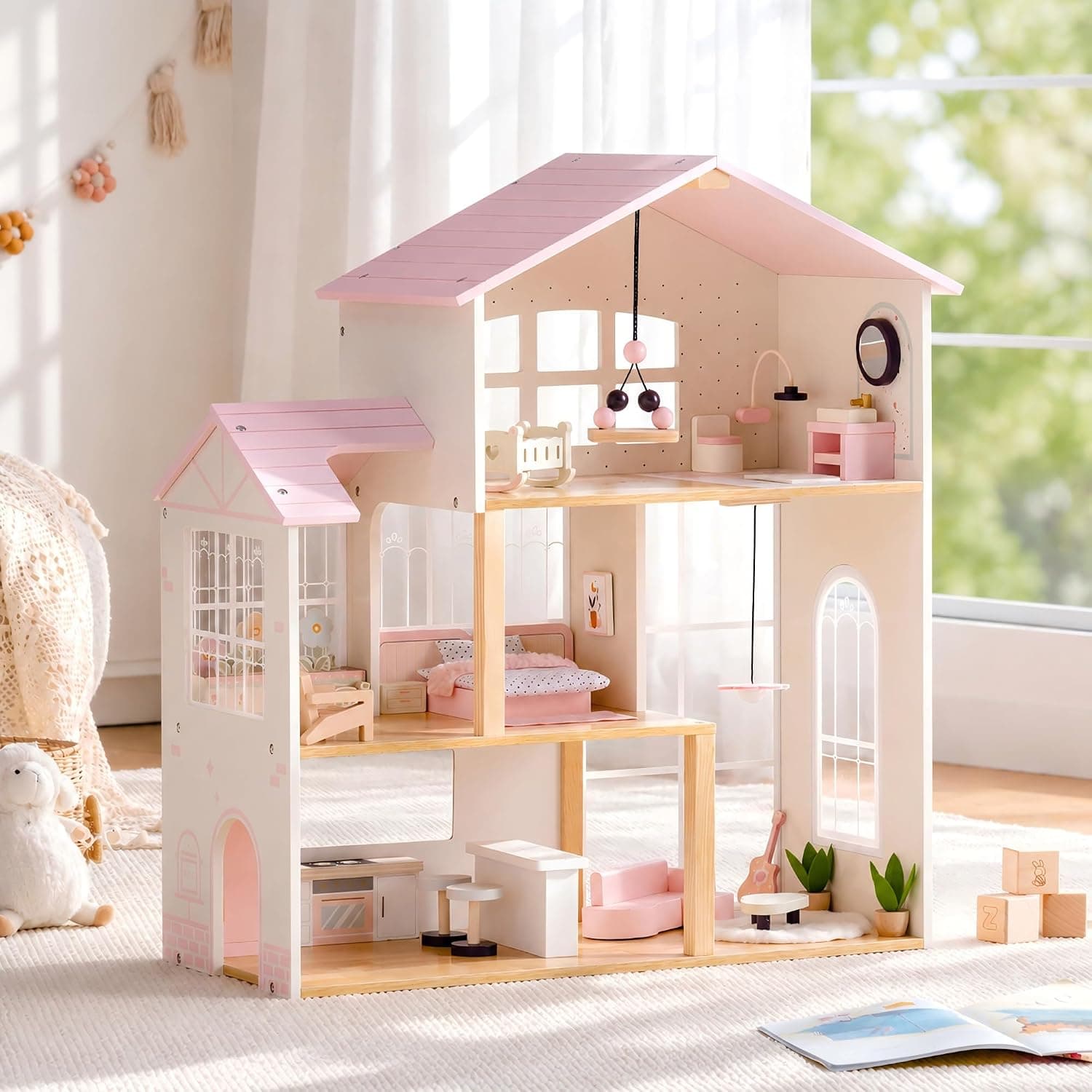 ROBUD Wooden Doll House, 3-Story Doll House with 37 PCS of Toy Furniture and Doll Accessories - Doll House for Role Play with 5 Rooms and Greenhouse, Toy