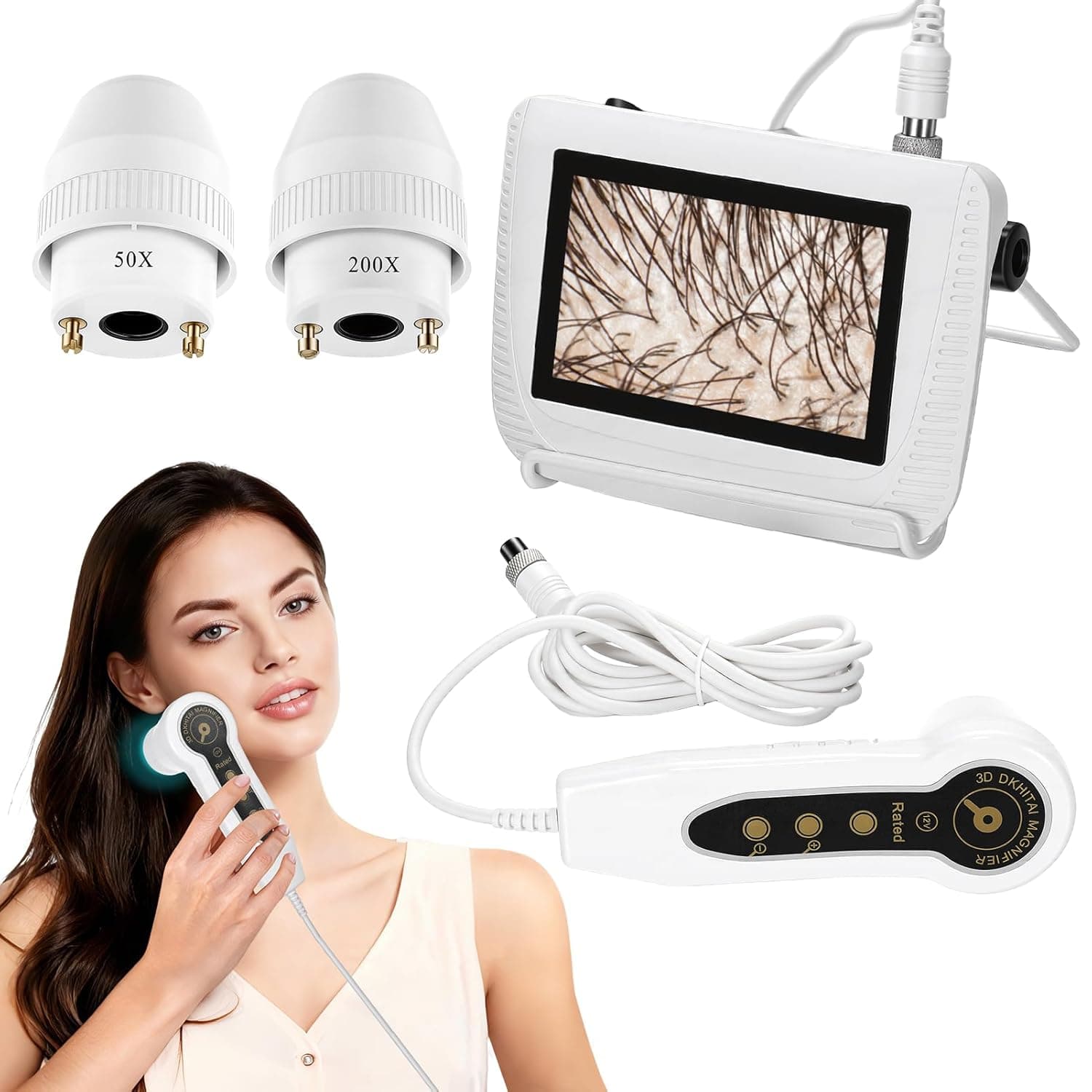 Skin Hair Analyzer, 5 Inch LCD Digital Scalp Detector with 50X/200X Lens, Rechargeable Hair Follicle Scanner for Skin Analysis, Home Salon Use, Portable Dermatoscope Tool