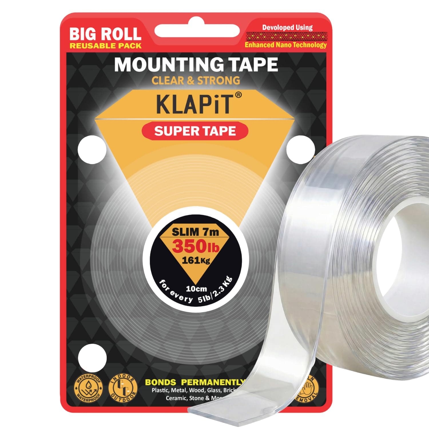 KLAPiT SUPER TAPE 7 Meter Double-Sided Mounting - Holds 161Kg with Enhanced Nano Technology - Waterproof & Clear Ideal for Wall, Wood, Tile, Stone, Glass, Metal & Acrylic
