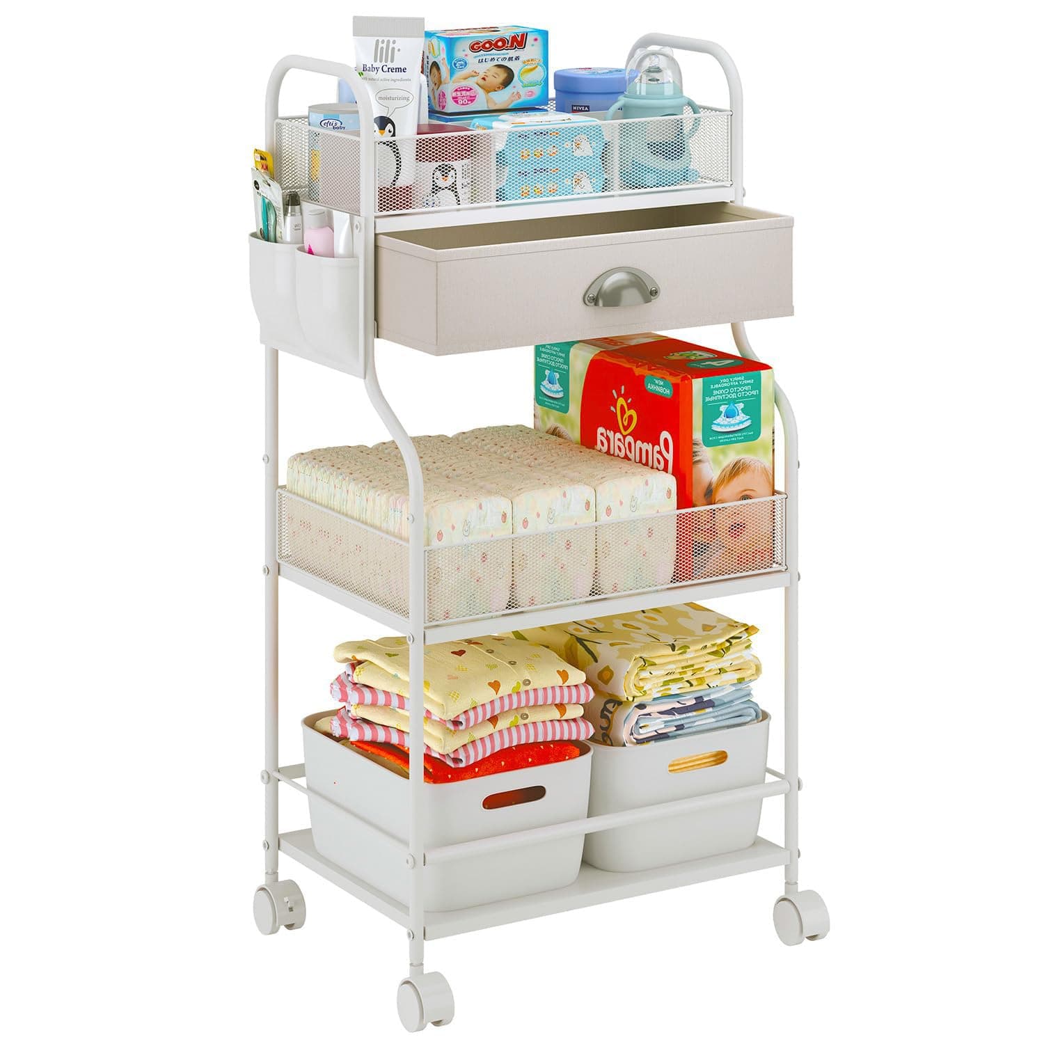 Baby Diaper Caddy Cart Organizer -3 Tier, Bedside Nursery Essentials Organizer & Storage Holder for Newborn Baby Stuff, 2+1 Dividers, 1 Drawer,Rolling Utility Cart for Bedroom,Changing Table, Crib.