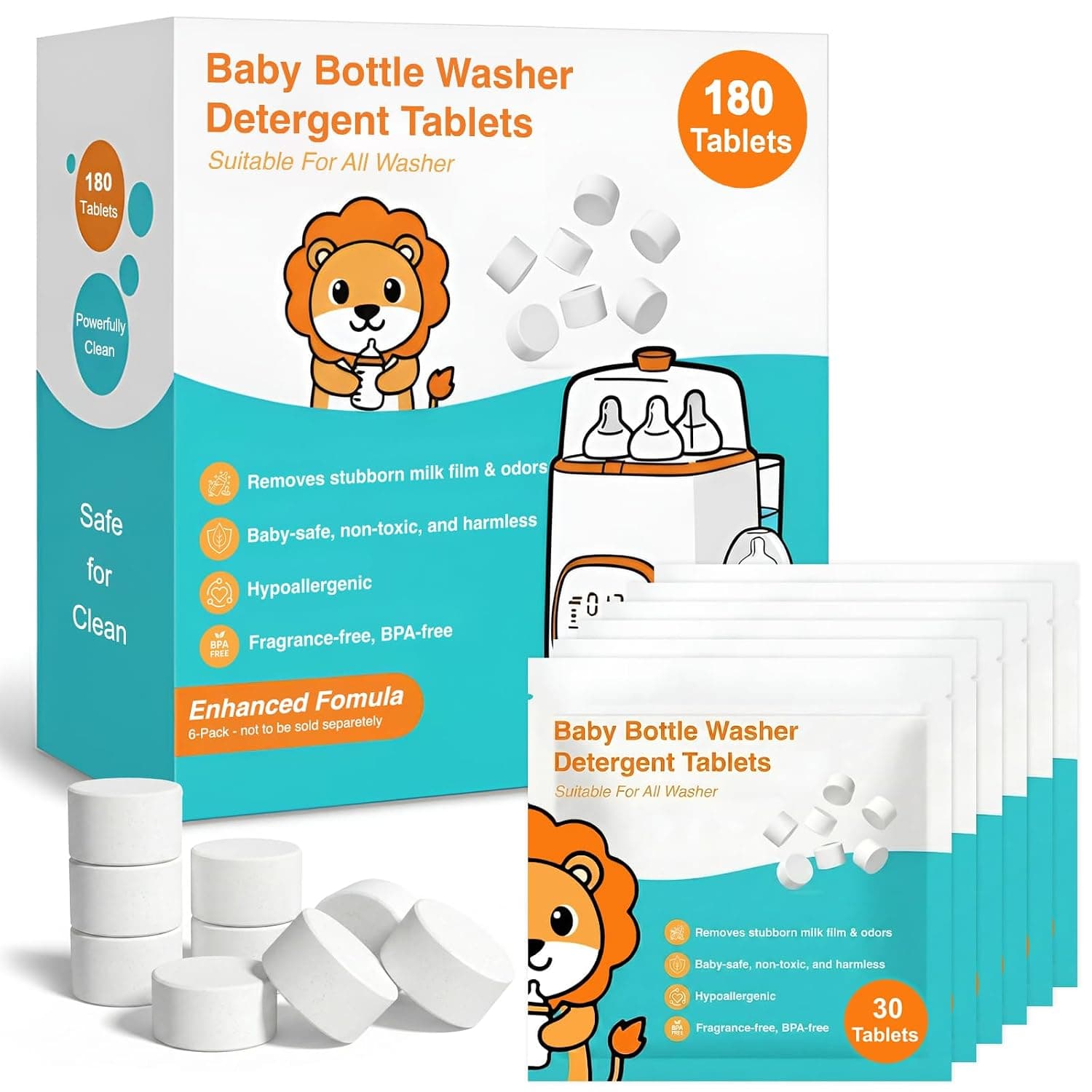 180PCS Bottle Washer Tablets, Plant-Based Detergent Tablets Compatible with Baby Brezza, Momcozy, Grownsy, Papablic and All Baby Bottle Washers, Removes Milk Residue & Odor from Bottles & Pump Parts