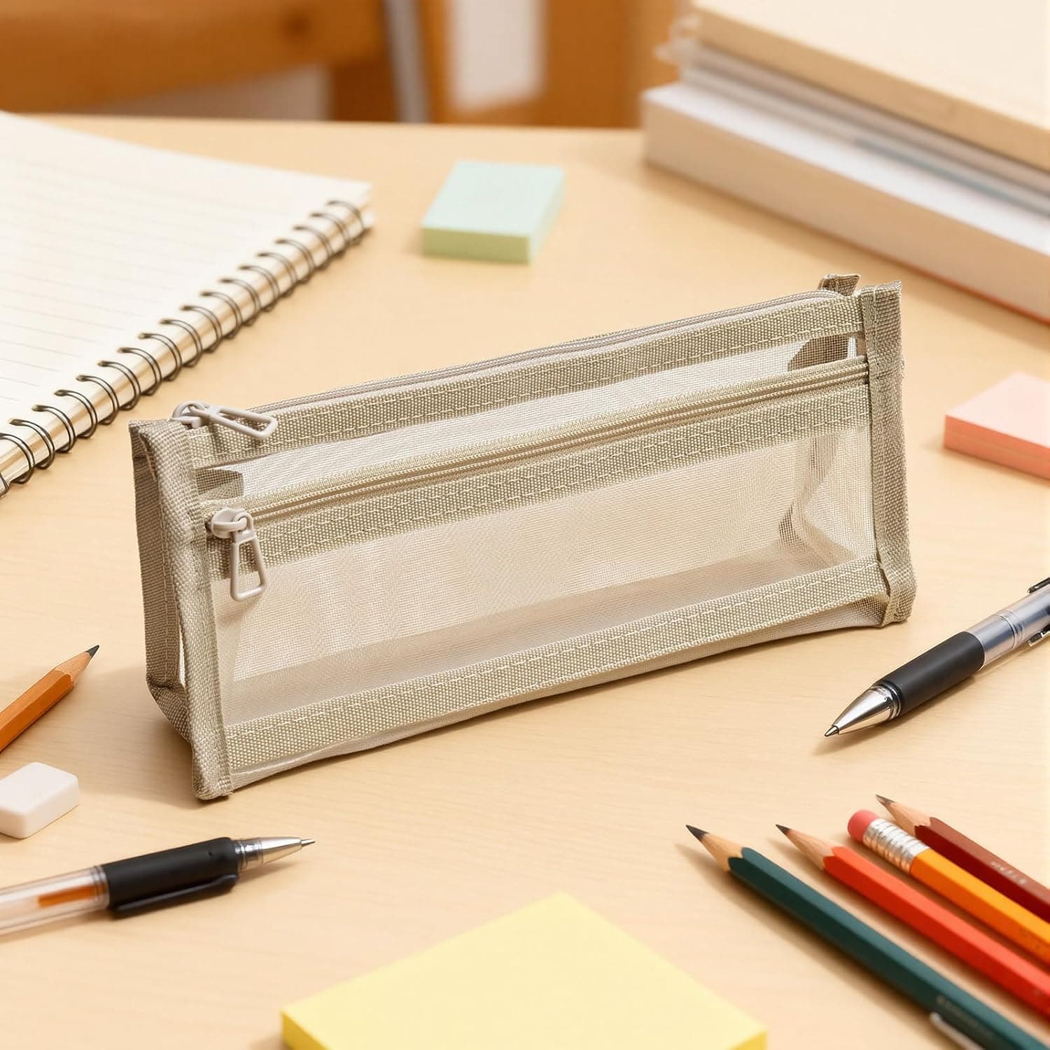 Double Layer Pen Holder, Large Capacity Desk Organizer, Clear Pencil Box for Office Pen Accessories - Apricot
