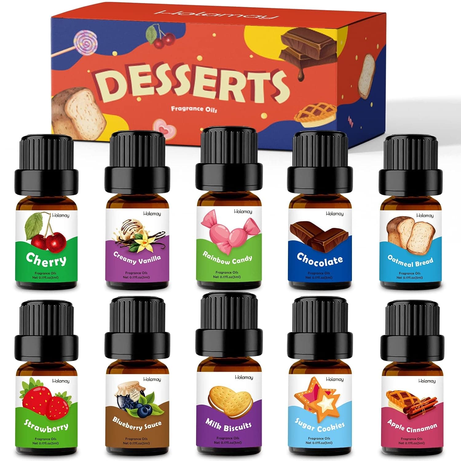 Holamay Dessert Fragrance Oils, Scented Oils Set of 10 Sweet Soap & Candle Making Scents - Creamy Vanilla, Apple Cinnamon, Cookies and More, Aromatherapy Diffuser Oils, Holiday Essential Oils Set