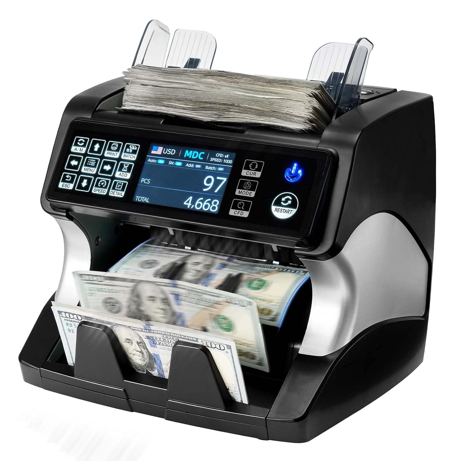 MUNBYN Bank Grade SAR Money Counter Machine Mixed Denomination, 2CIS/UV/IR/MG/MT Counterfeit Detection, Serial Number, MUL Currency Cash Counter, Supports SAR (Black)