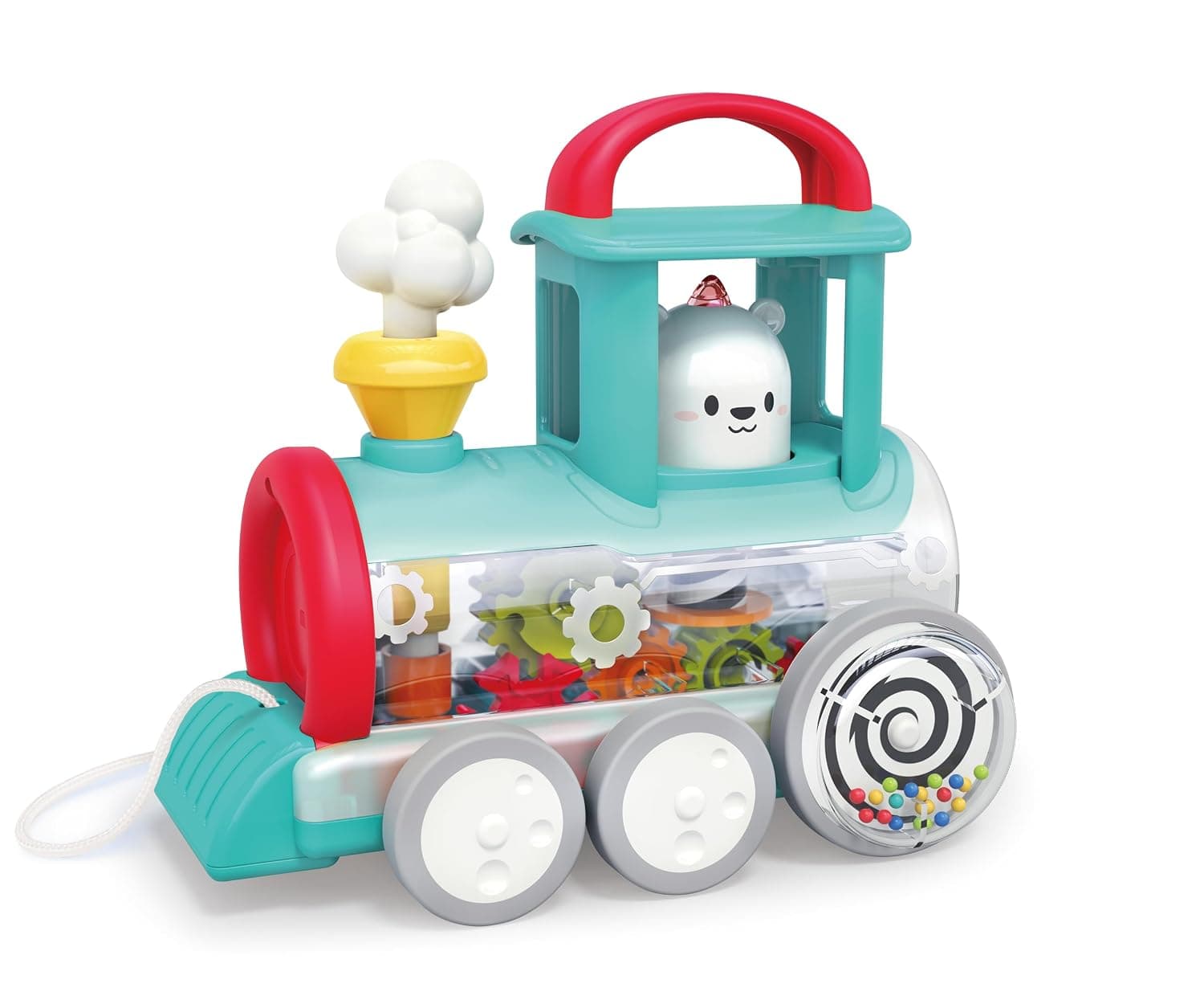 Hola Pull Along Train Engine for Toddlers, Interactive Toy w/Spinning Bear, Rotating Gears & Moving Smoke, Encourages Crawling, Hand-Eye Coordination, Sensory & Motor Skills, STEAM Toys - Red