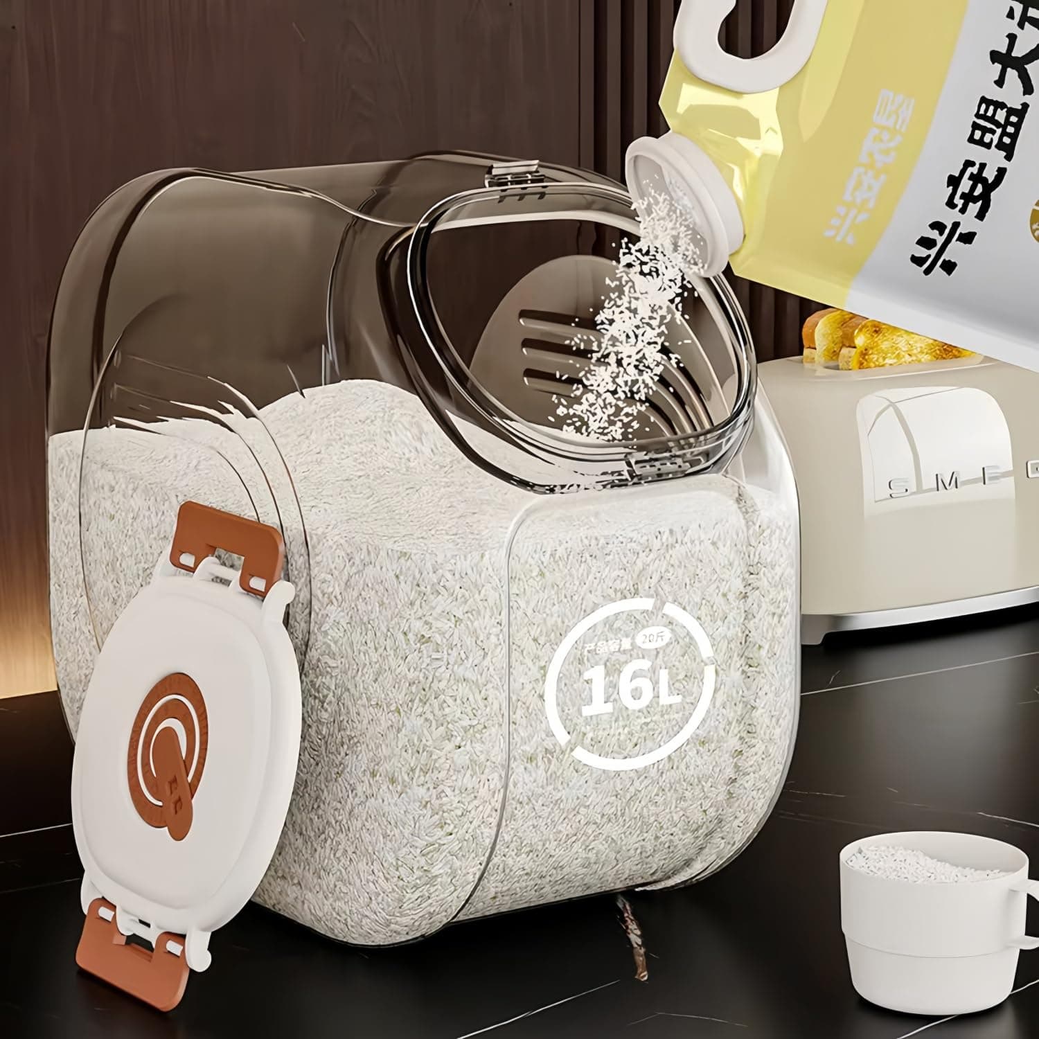Rice Storage Container,Household Rice Barrel,Food Flour Storage Bins with Lids & Cup,BPA Free,Kitchen Extra Large Grain Storage Containers,Cat/Dog Food Storage Container (Coffee-10KG)