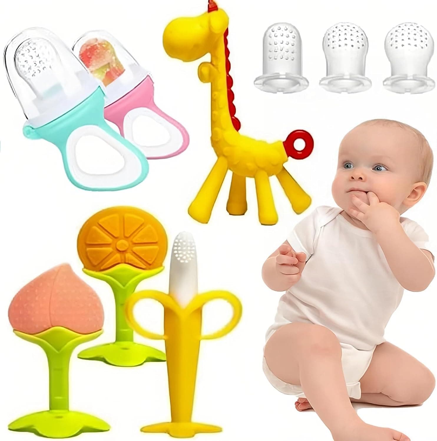 DMG Baby Teething Toys & Fruit Feeder Set - 4 Silicone Teethers with 2 Feeders & 3 Mesh Sacs for Soothing Chewing