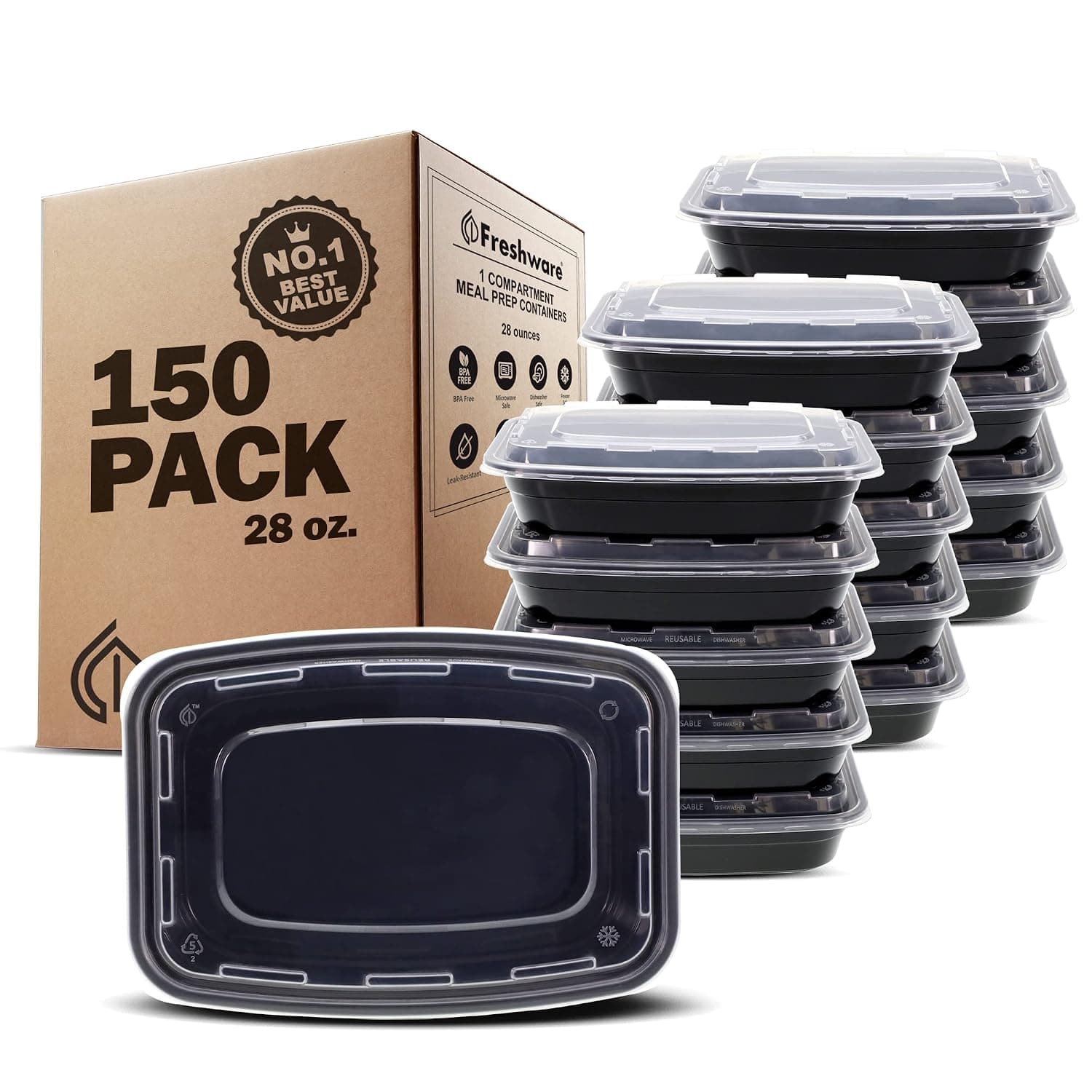 Freshware Meal Prep Containers [150 Pack] 1 Compartment Food Storage Containers with Lids, Bento Box, BPA Free, Stackable, Microwave/Dishwasher/Freezer Safe (28 oz)