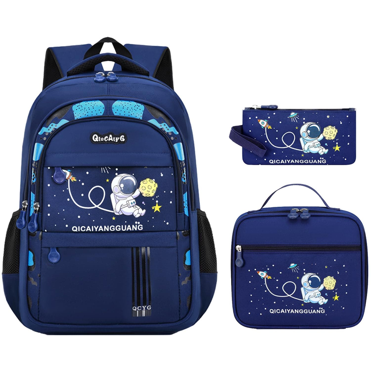 Winsoyya 3pcs Boys Backpack with Lunch Box & Pencil Case, Space Schoolbag for Girls & Boys, Elementary Middle School Bags, Waterproof Lightweight Kids Bookbag Backpacks Casual Daypack (Spaceman-blue)