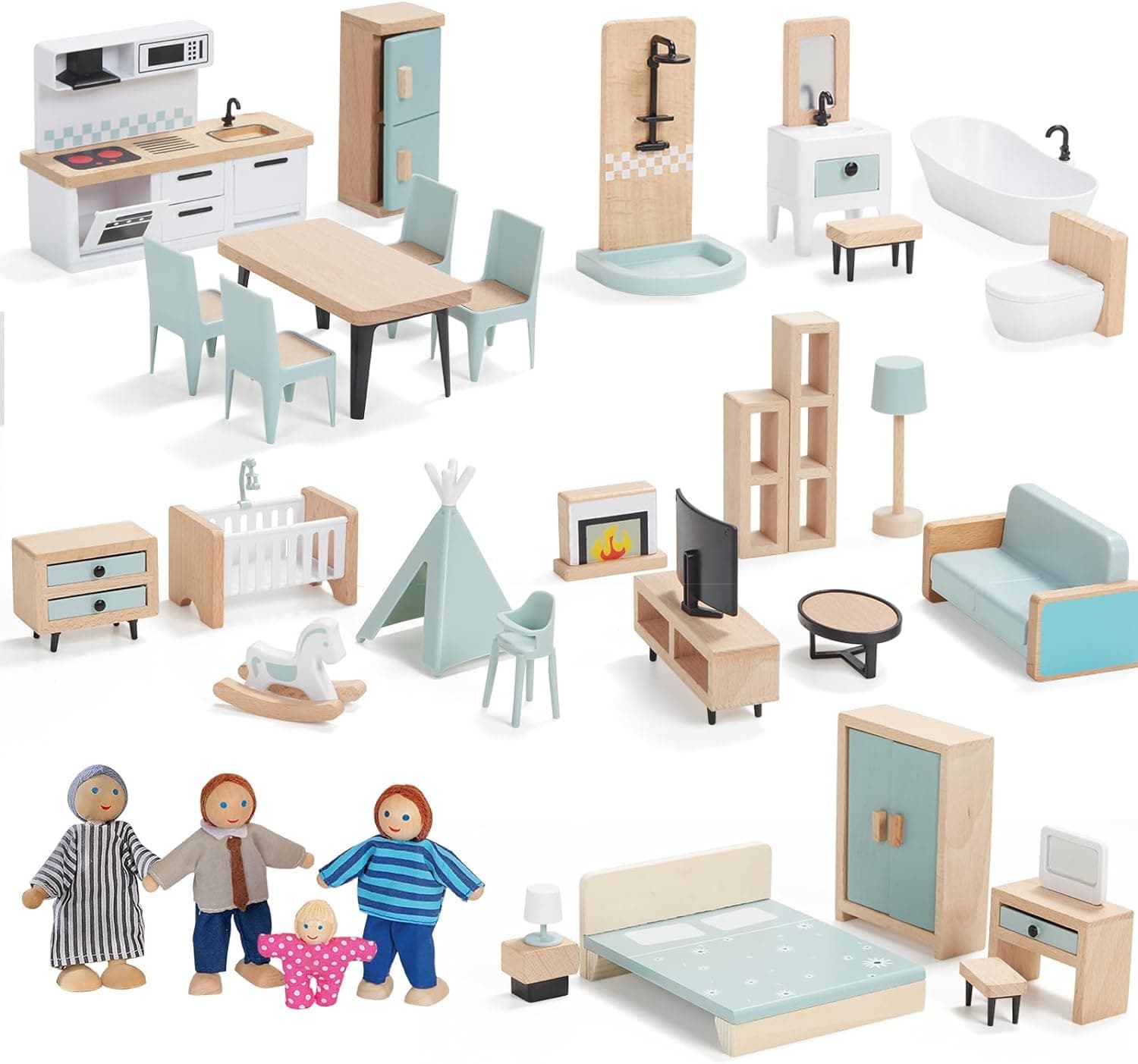 Giant bean 36pcs Wooden Dollhouse Furniture Set 5 Rooms 4 Family Dolls | Wood & Plastic Blue Dollhouse Accessories, Pretend Play Furniture Toy Christmas Birthday Gift for Boys Girls Kids 3+