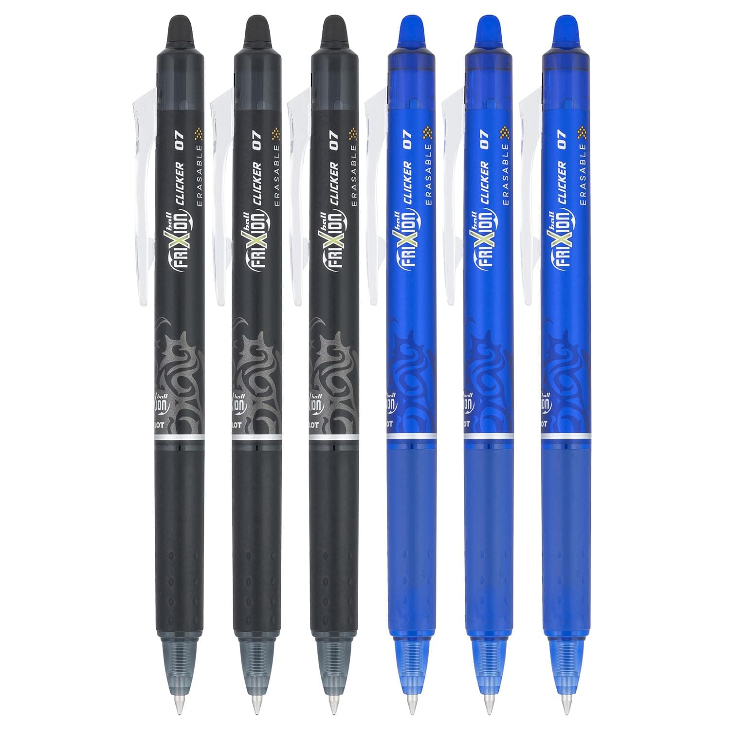 Pilot 465753 6 Count (Pack of 1) FriXion Clicker 0.7mm, Erasable Gel Pens, Fine Point (6-Pack) Black/Blue