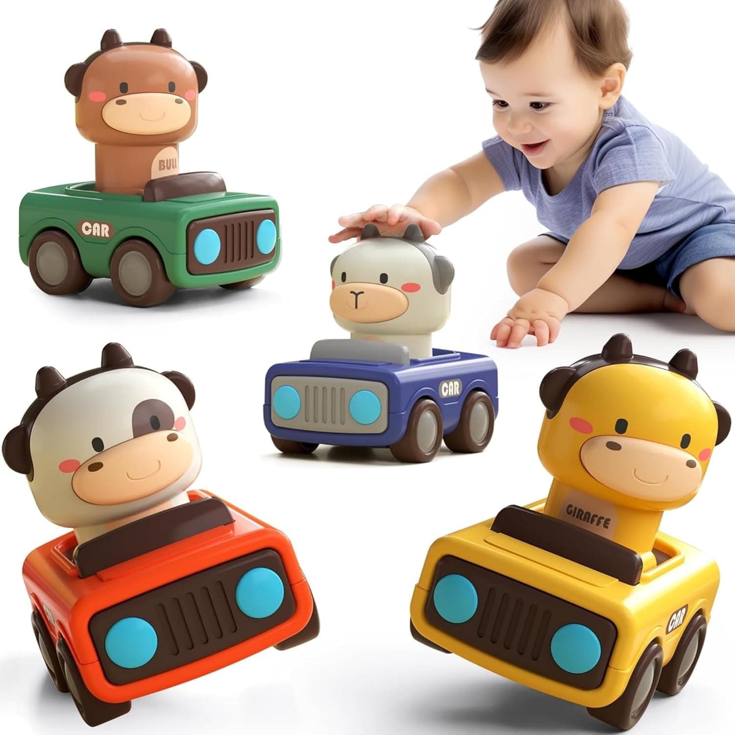 Andanna Press and Go Car Toys for Toddlers 1-3, 4 Pack Animal Baby Car Toys for 1 2 Year Old Boy, Push Go Friction Vehicle Toys for Infants 6-9-12-18 Months, One First Birthday Gift(Animal)