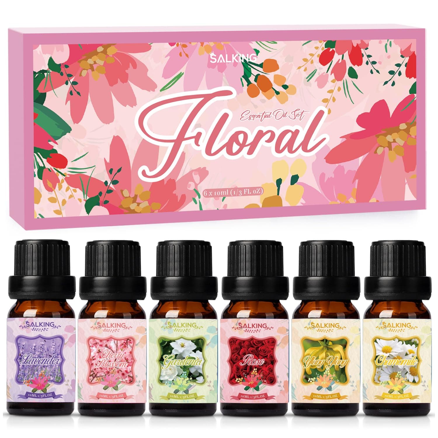 SALKING Flower Essential Oils Set, Aromatherapy Fragrance Oil Gift Set, Pure Fragrance Oils for Diffuser Humidifier, 6 x 10 ml (Lavender, Cherry Blossom, Gardenia, Rose, Ylang-Ylang, Chamomile) | Pure fragrance oils for diffuser humidifier, 6 x 10 ml (lavender, cherry blossom, gardenia, rose, ylang-ylang, chamomile)