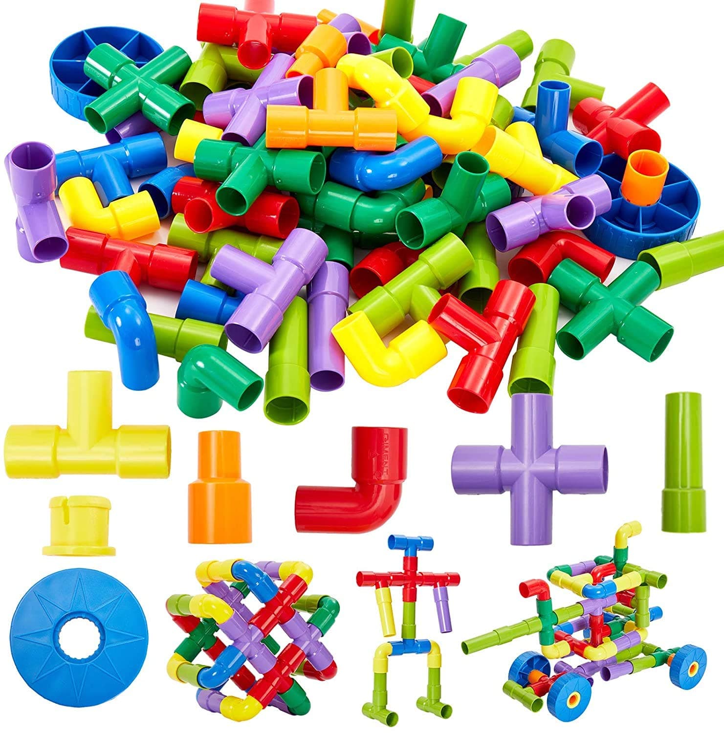 MumooBear 72pcs Pipe Building Block Bricks Plugging Toy Assemble Car Construction Toy for 3 Year Old Kid