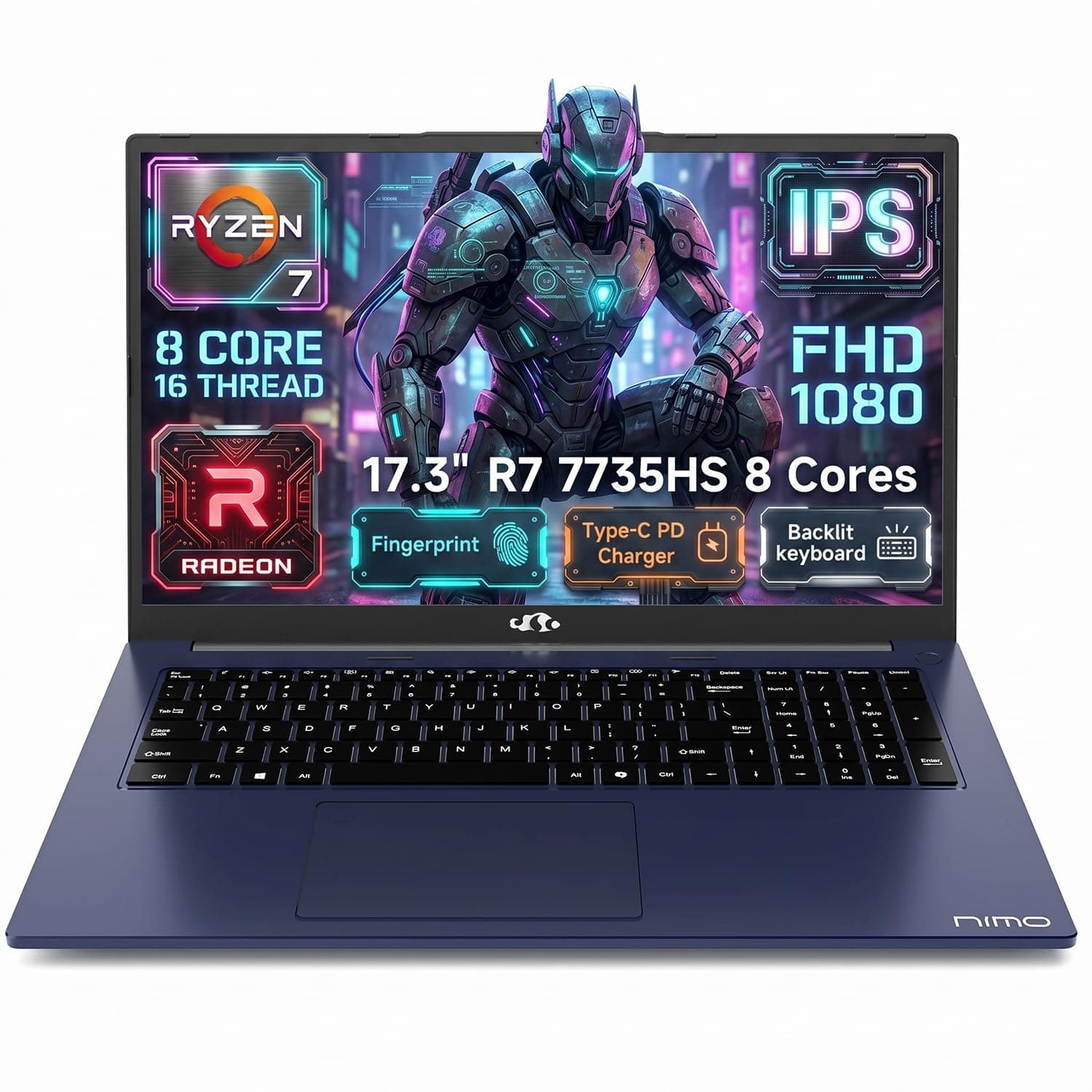 NIMO 17.3" Professional Laptop, R7 7735HS 8-Core 16-Thread (Up to 4.75GHz), 16GB DDR5 RAM 1TB SSD, FHD IPS 180° View, Fingerprint, Backlit Keyboard, Wi-Fi 6, for Business & Student