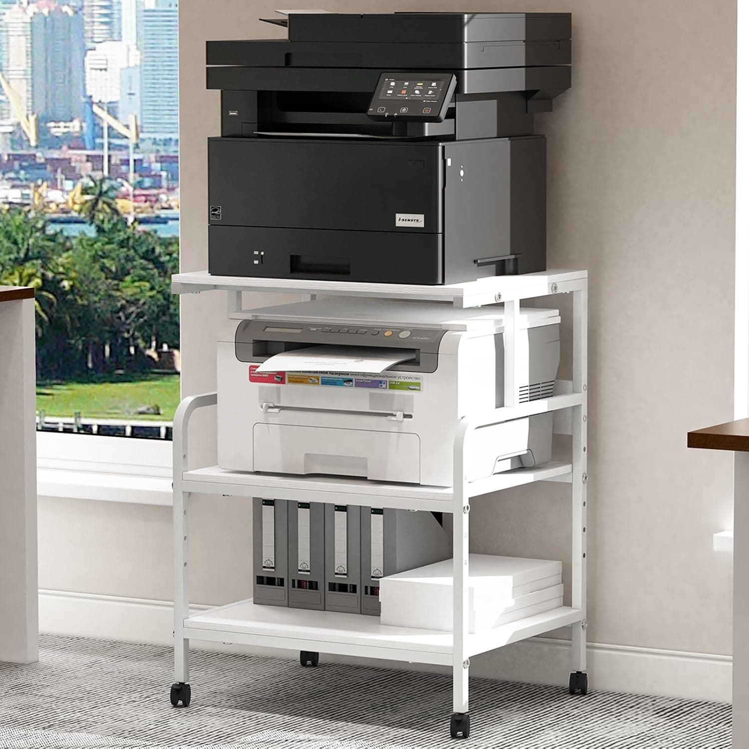 Arbuxzuy Large Printer Stand with Storage Shelf, 23.6" W x 18.9" D Printer Cart with Wheels, 3 Tier Mobile Printer Table for Home Office,Stands for Printer Heat Press Scanner Fax (White)