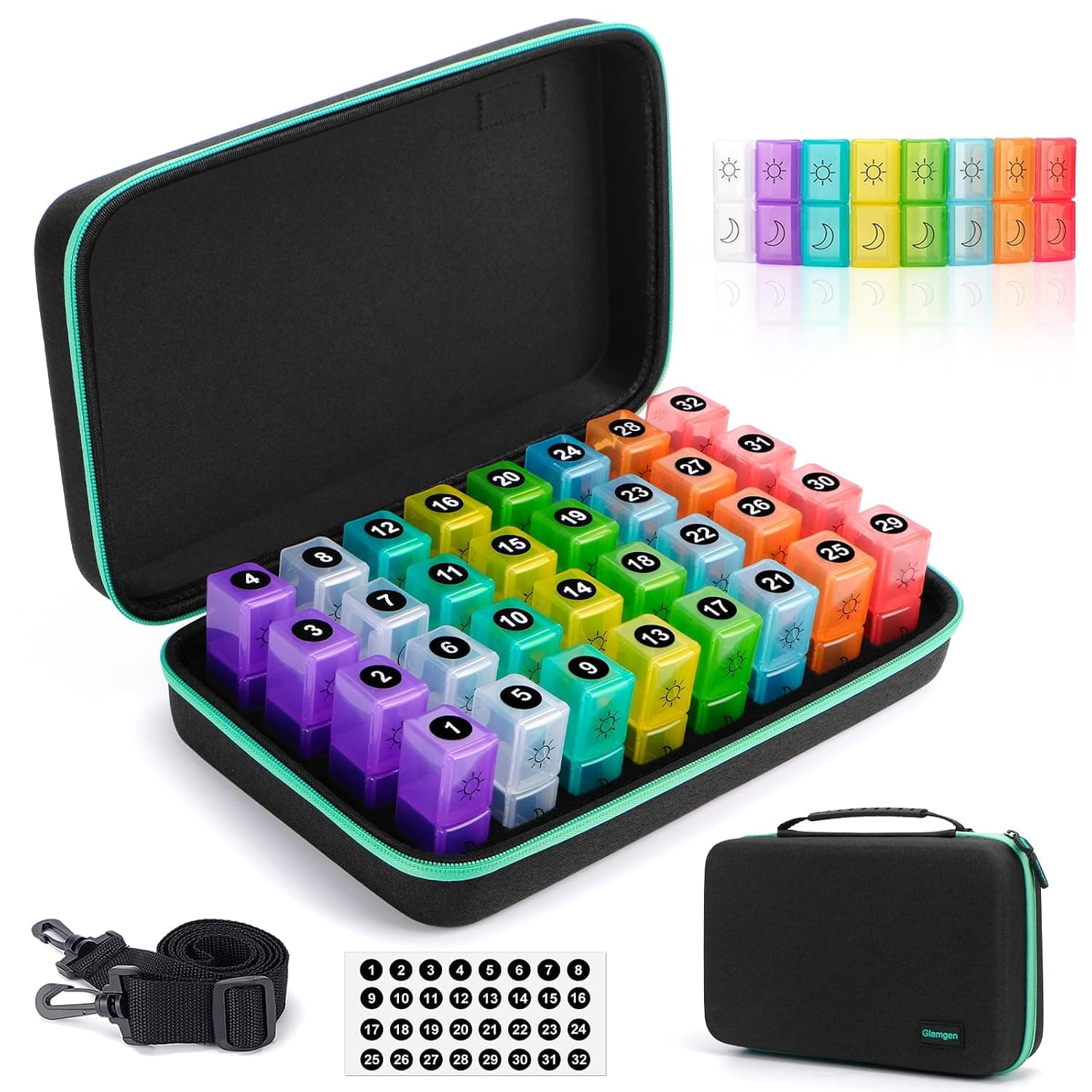 Monthly Pill Box Organiser 2 Times a Day, 32 Extra Large Daily AM PM Pill Box Organiser with Travel Hard Case, Medicine Storage Box for Dietary Supplements, Vitamins, Fish Oils