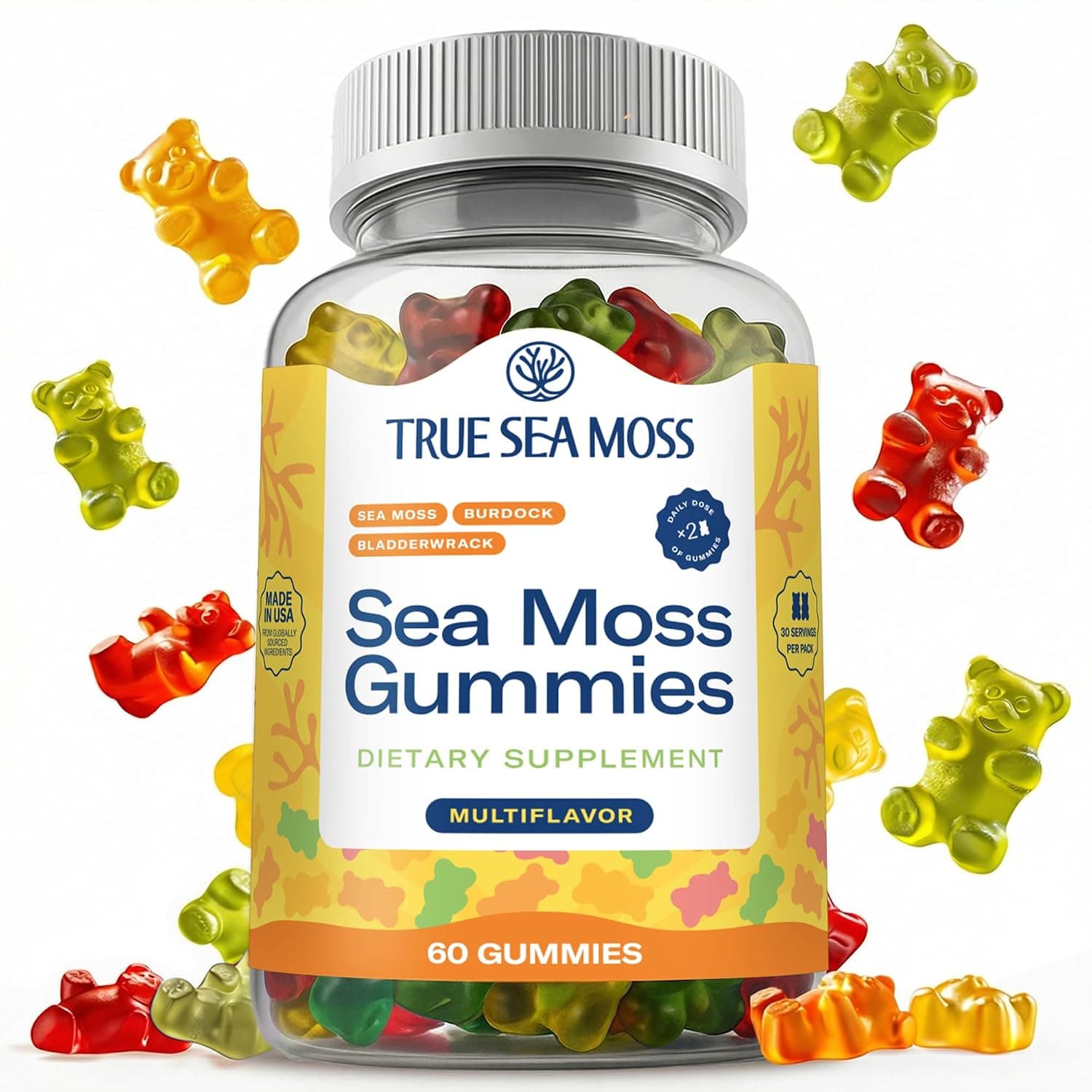 TrueSeaMoss Organic Sea Moss Gummies – Contains Irish Sea Moss + Burdock Root + Bladderwrack – 60 Gummies for Stronger Immune, Healthier Skin & Hair, Detox – Great for Kids & Adults, Made in The USA