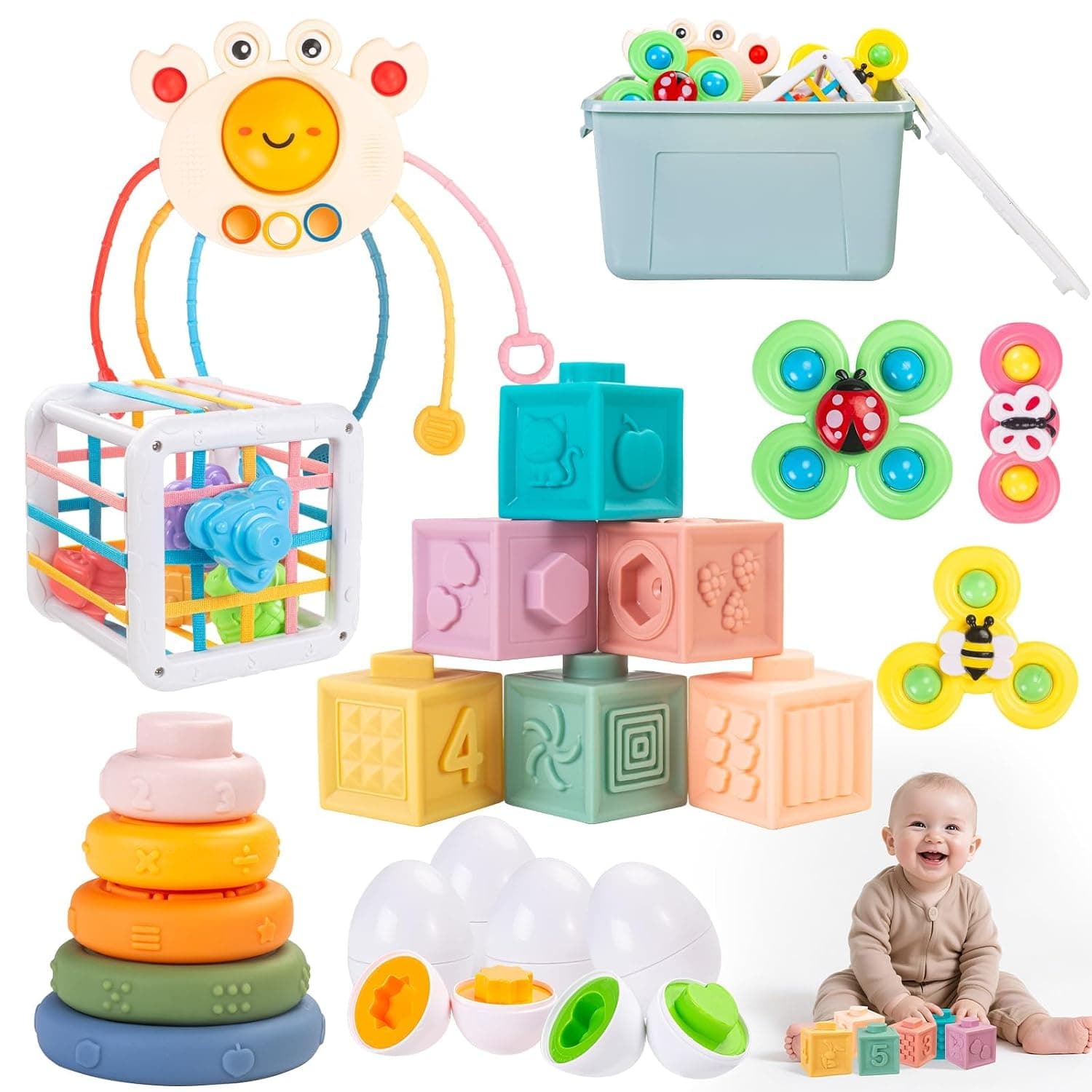 6-in-1 Baby Toys 6-18 Months, Montessori Toys for Babies 6-12-18 Months, Infant Teething Toy Stacking Blocks Rings Sensory Bin, Sorting Sensory Educational Learning Gift for Toddlers Aged 1-3