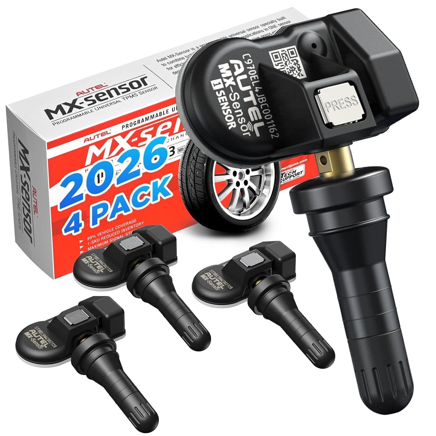 Autel TPMS Sensors MX-Sensor 2 in 1 TPS218 (315MHz + 433MHz) Screw-in OE-Level Tire Pressure Monitoring System Sensor for 99% Main Vehicles SAE Standard J1205/J1206/J2657 (Rubber Stem Qty of 4) | Programmable TPMS Sensors, Autel Tire Sensors Replacement, Press-in Rubber Valve Programmed by TS408/TS501 Pro/TS508WF/ITS600
