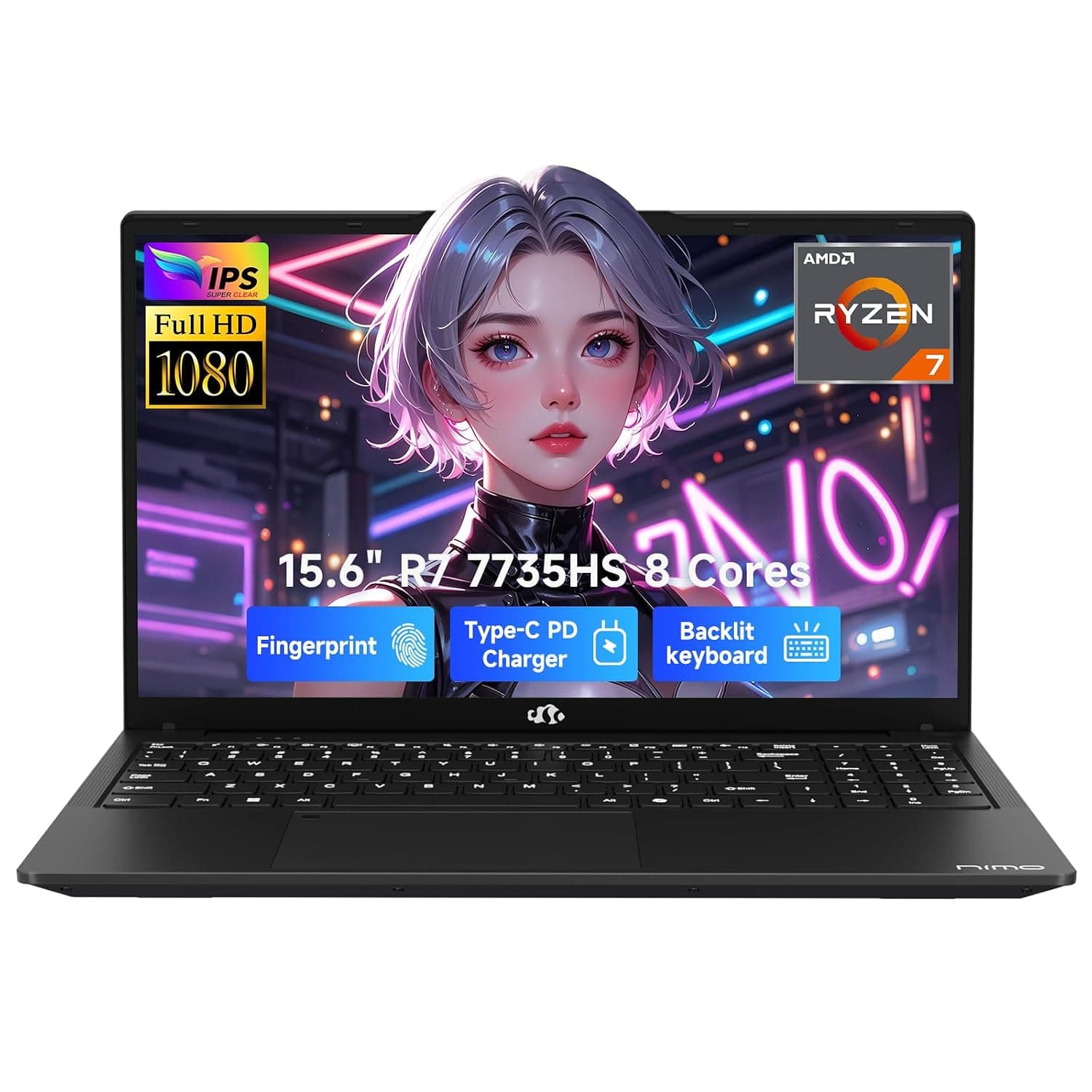NIMO 15.6" IPS FHD Gaming-Laptop, AMD Ryzen 7 7735HS 16GB DDR5 RAM 512GB SSD (8C/16T, Up to 4.75GHz) Business-Computer with Radeon 680M Graphics 100W Type-C Backlit Keyboard Fingerprint