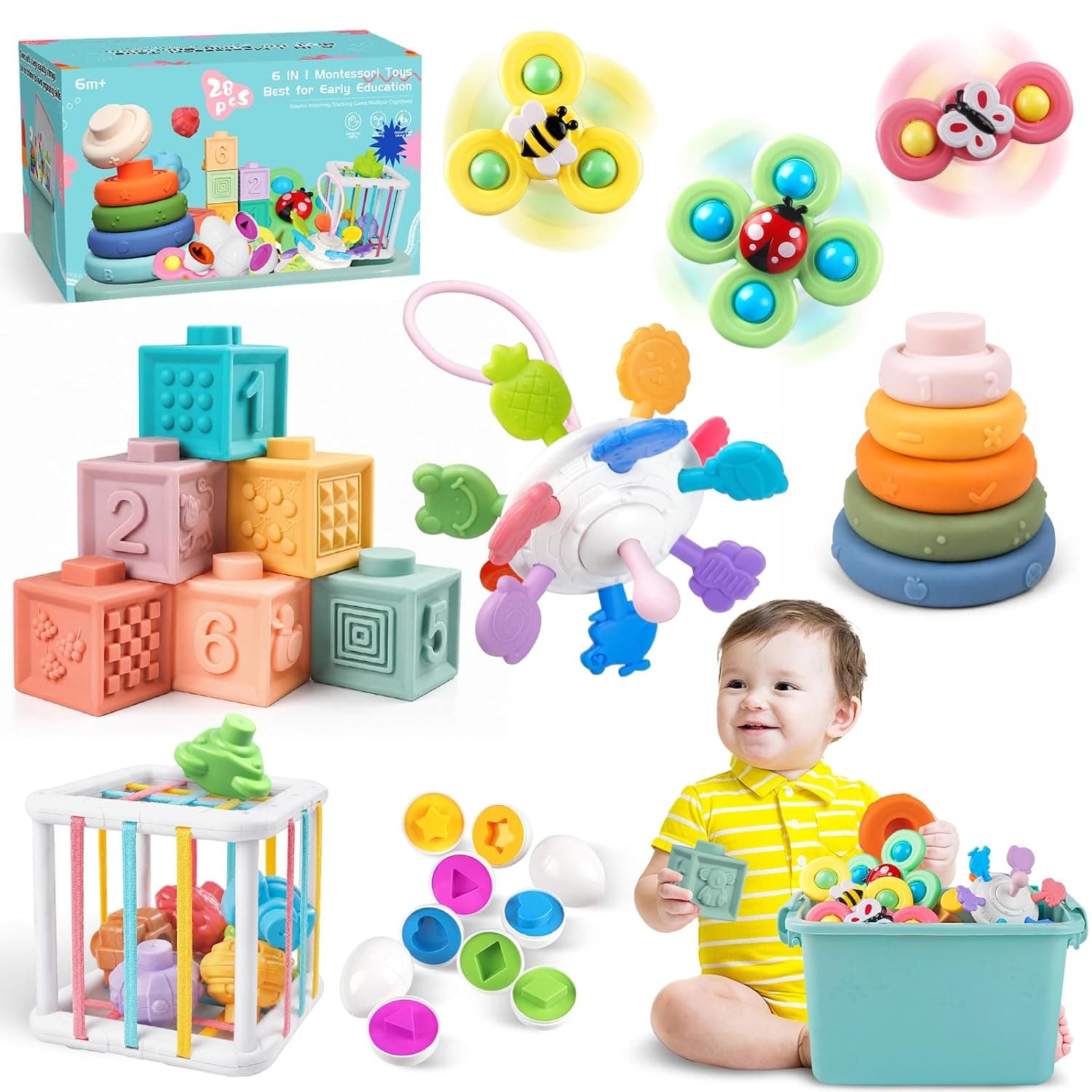 Baby Toys for 6 to 12 Months, Montessori Sensory Bins Toys for Toddlers 1-3, Pull String Teether Infants Bath Toys 6 in 1 Stacking Blocks Rings, Matching Eggs, Suction Cup Spinner Toy | Montessori set from 6 months: teething ring, stacking tower, sorting eggs and sensory spinning top - gift in case
