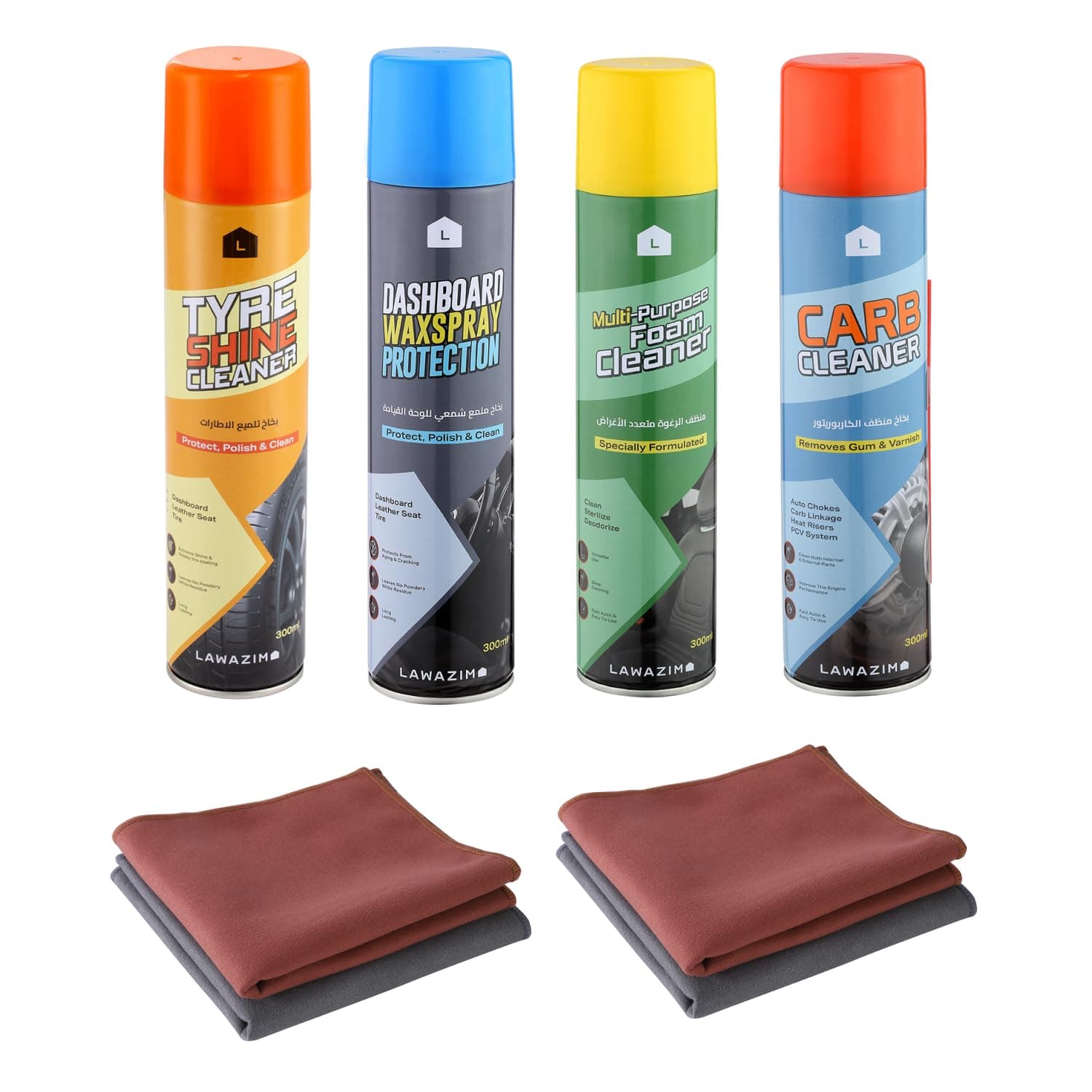 Lawazim Multi-Purpose Automotive Cleaning Spray Set - 4 Sprays with 4-Piece Car Cleaning Wipers 30x30cm - Complete Car Care Kit All-Purpose Foam Cleaner, Tire Shine, Wax Spray, and Carburetor Cleaner