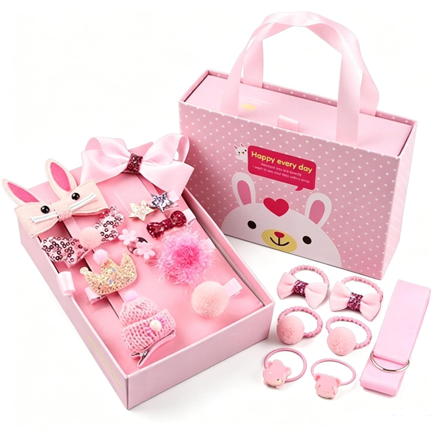 18 Piece Hair Accessories Girls Set with Portable Gift Box | Hair Clips Hair Bobbles Girls Baby Hair Clips Hair Bows Storage Case for 3-12 Years