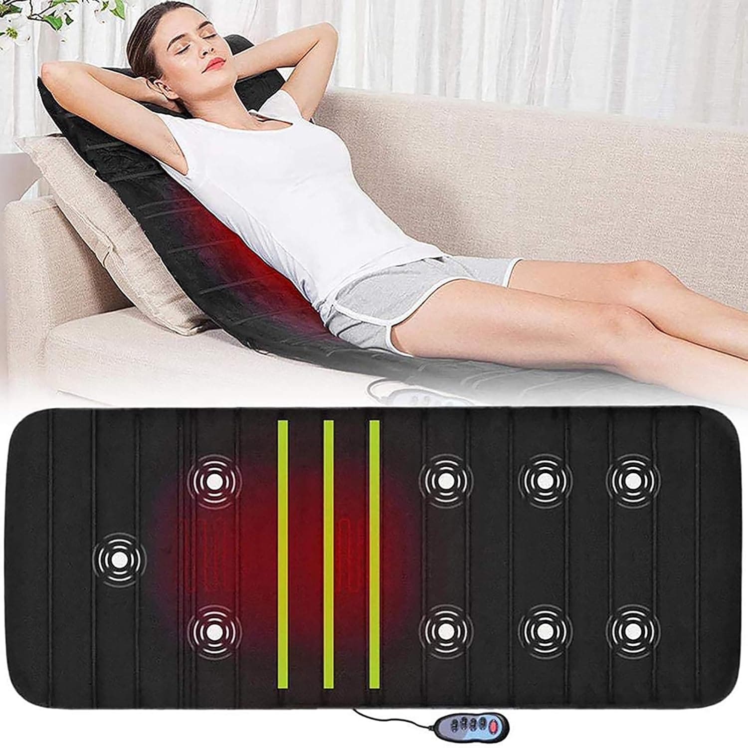IPSU Heated Massage Mat with 9 massage motors, Back Pain Relief, Full Body Massager for Neck and Back,Lumbar Calf Muscle Relaxation, Improve sleep quality