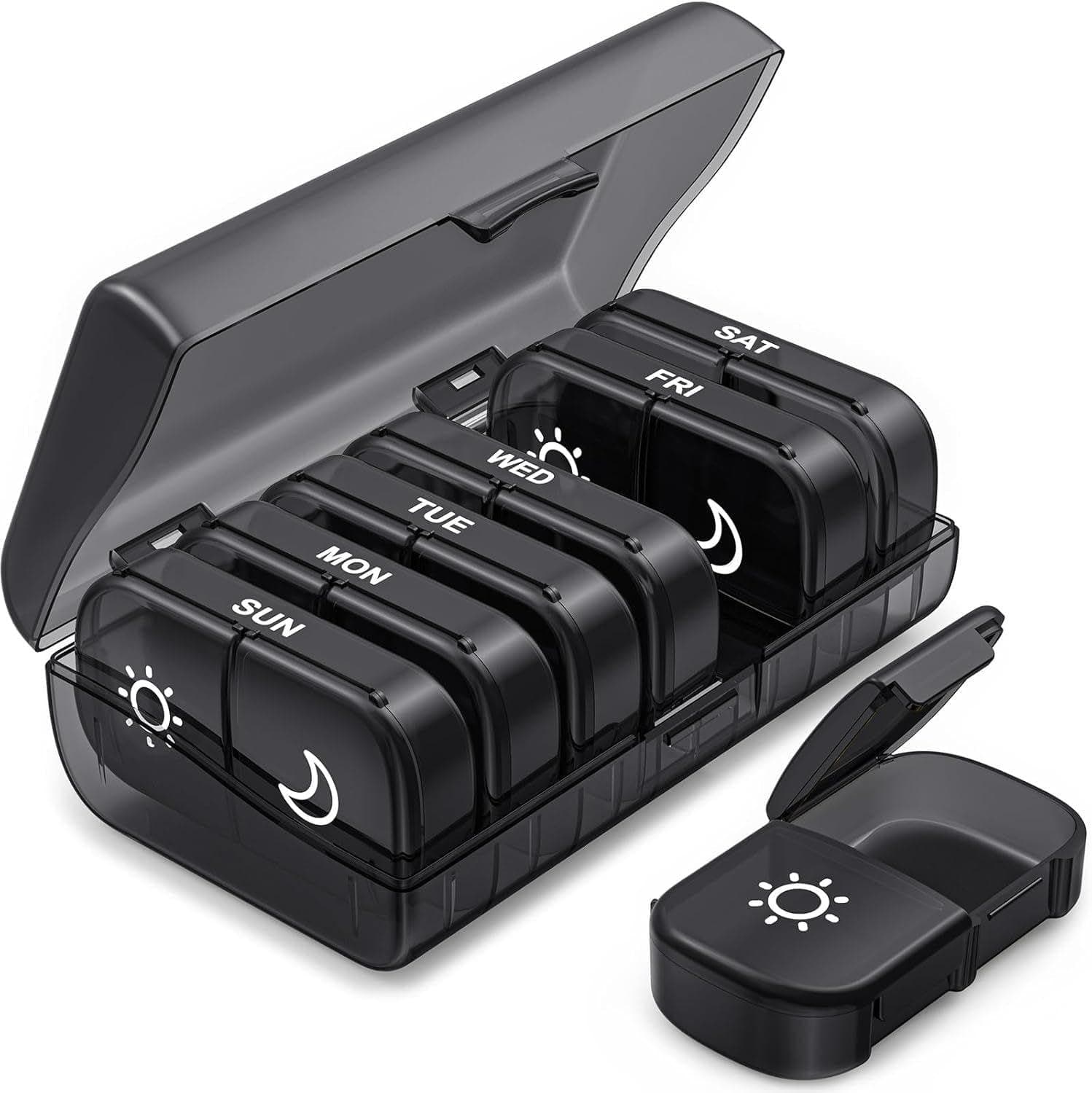 Extra Large Weekly Pill Organizer 2 Times a Day, One-Side Open Pill Box 7 Day for Easy Filling, Black Privacy Protection AM PM Pill Case for Vitamins, Medication, Supplements, Fish Oils (Black)