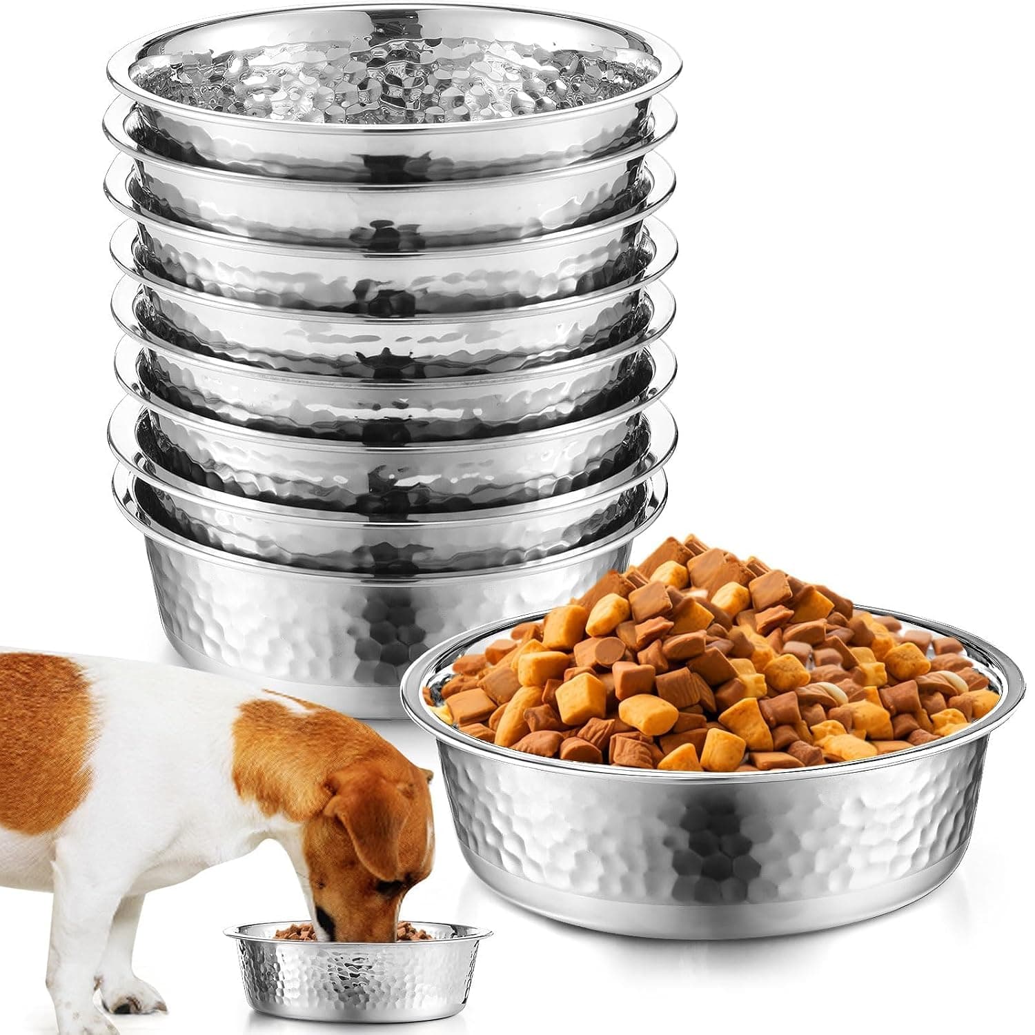 Stainless Steel Dog Bowls 8 Pack, Pet Food & Water Bowls 32oz, Deep Rust-Resistant Metal Feeding Dishes for Dogs and Cats, Dishwasher Safe, Anti-Slip Stable Design, Silver (32oz, Silver)