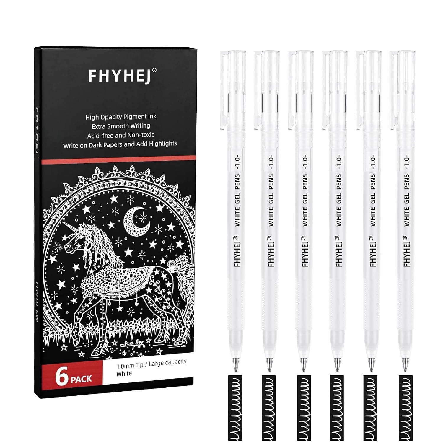 6 Pack 1mm Fine Point White Gel Pens, Opaque Ink for Black Paper | Archival white ink, smooth writing, for drawing sketching illustration bullet journaling paper craft art works