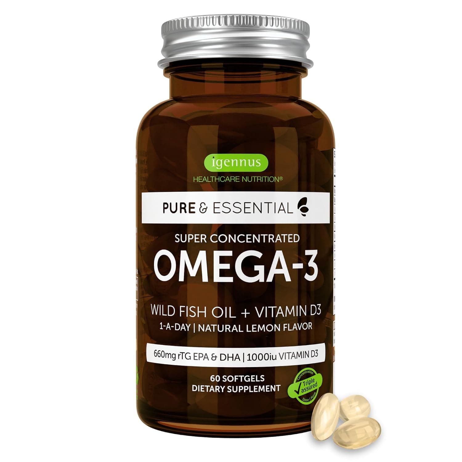 Pure & Essential Omega-3 & D3 1000iu, Fast-Acting rTG, Support Eyes, Heart & Brain Function, 1-a-Day, Highly Concentrated EPA & DHA Wild Fish Oil, Non-GMO (1)